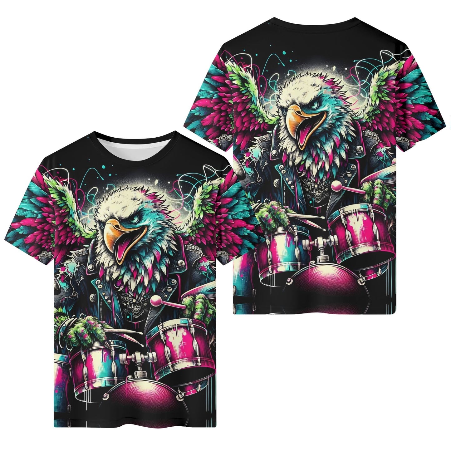 Leather and Feathers Org Cotton Kids T-Shirt featuring colorful eagle playing drums by Loud and Lethal