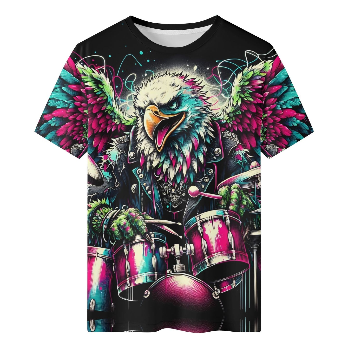 Leather and Feathers Org Cotton Kids T-Shirt with colorful eagle playing drums design