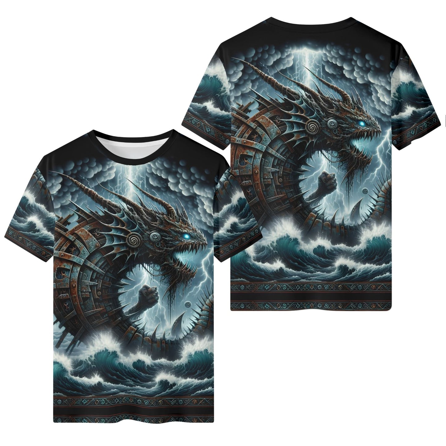 Leviadrake Organic Cotton Kids T-Shirt featuring a fierce mechanical dragon design in stormy ocean background