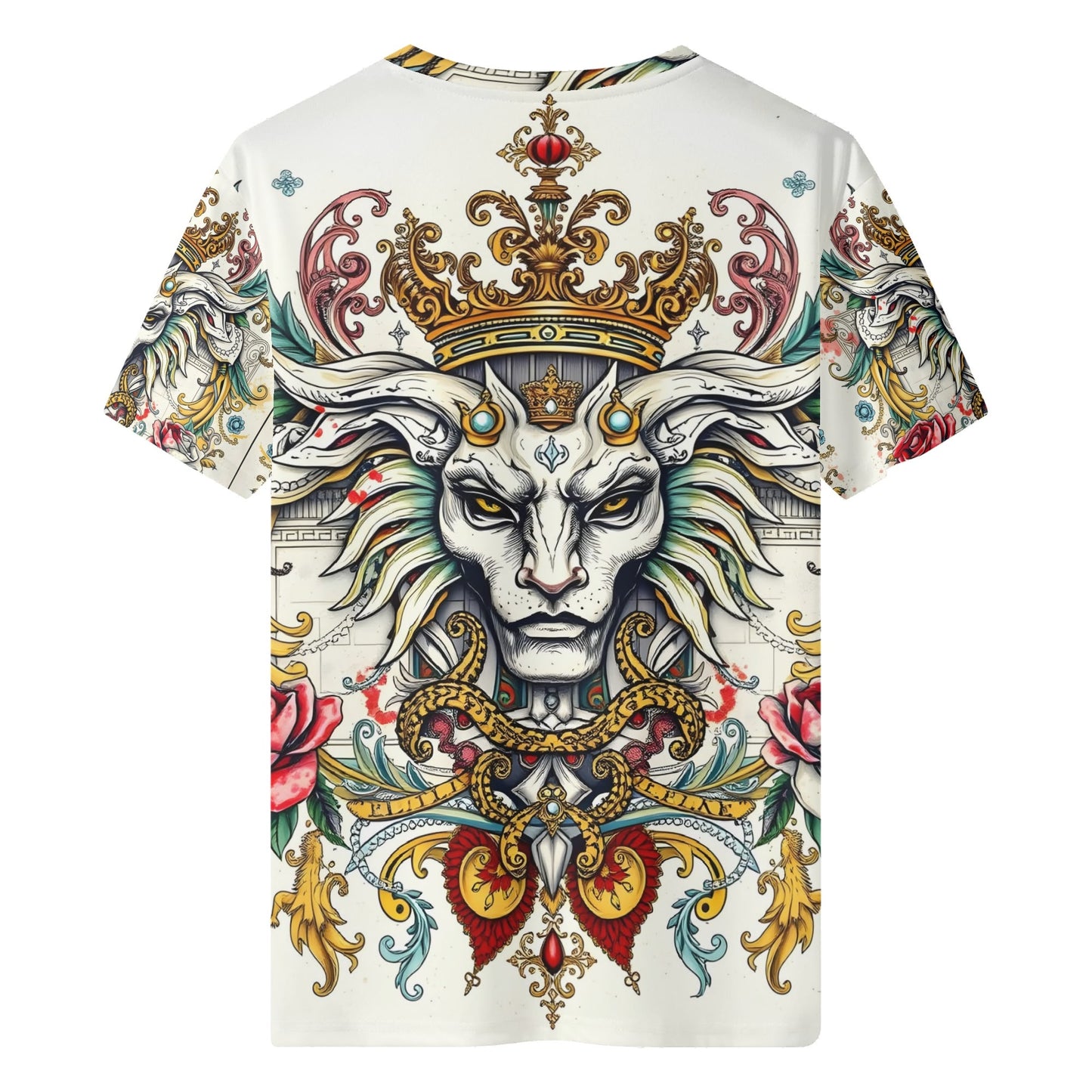 Mystical Majesty Lycra T-Shirt Loud & Lethal Limited Edition. Unisex tee with crowned lion face and ornate gold floral filigree