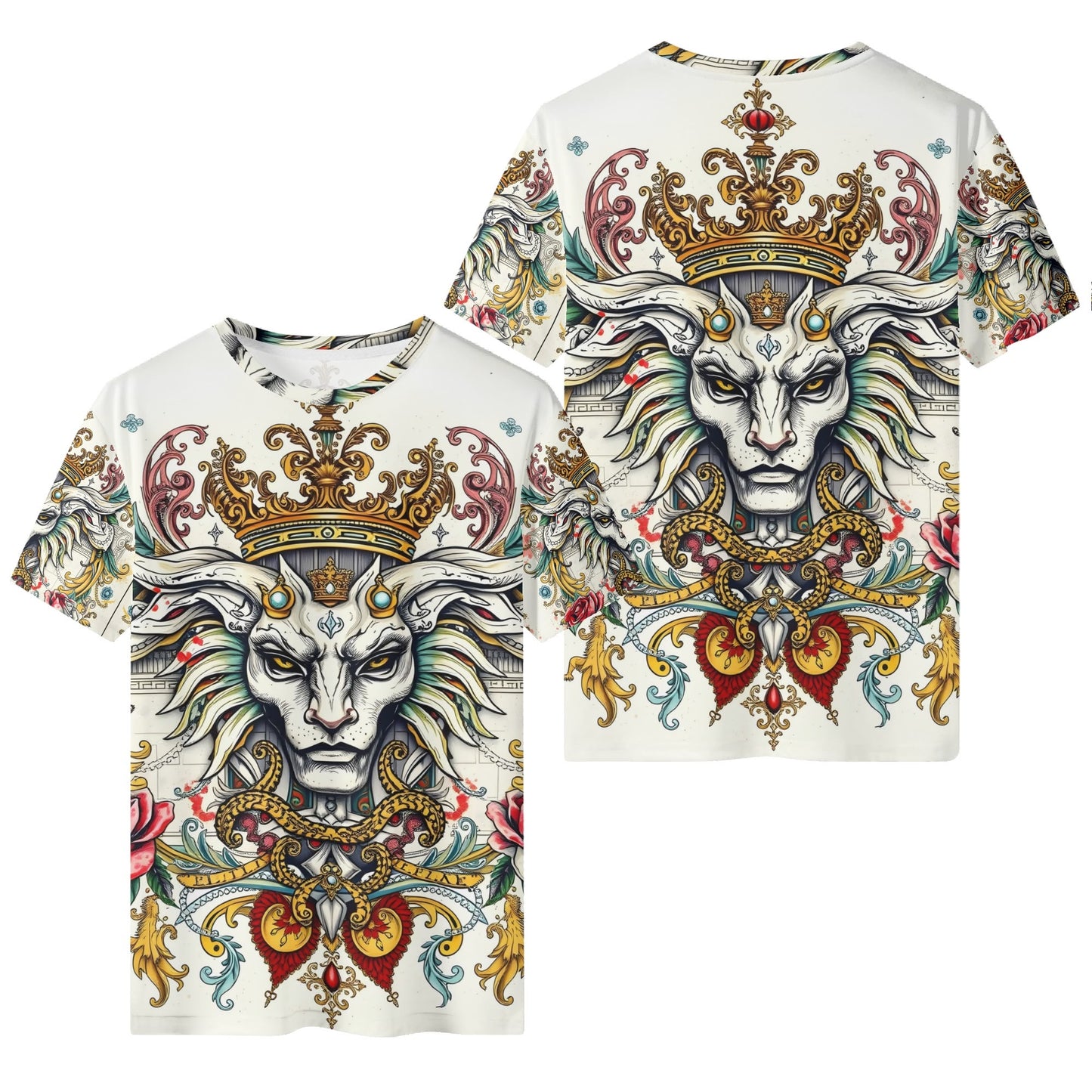 Mystical Majesty Lycra T-Shirt Loud & Lethal Limited Edition. ornate white unisex tee with crowned lion baroque colorful print