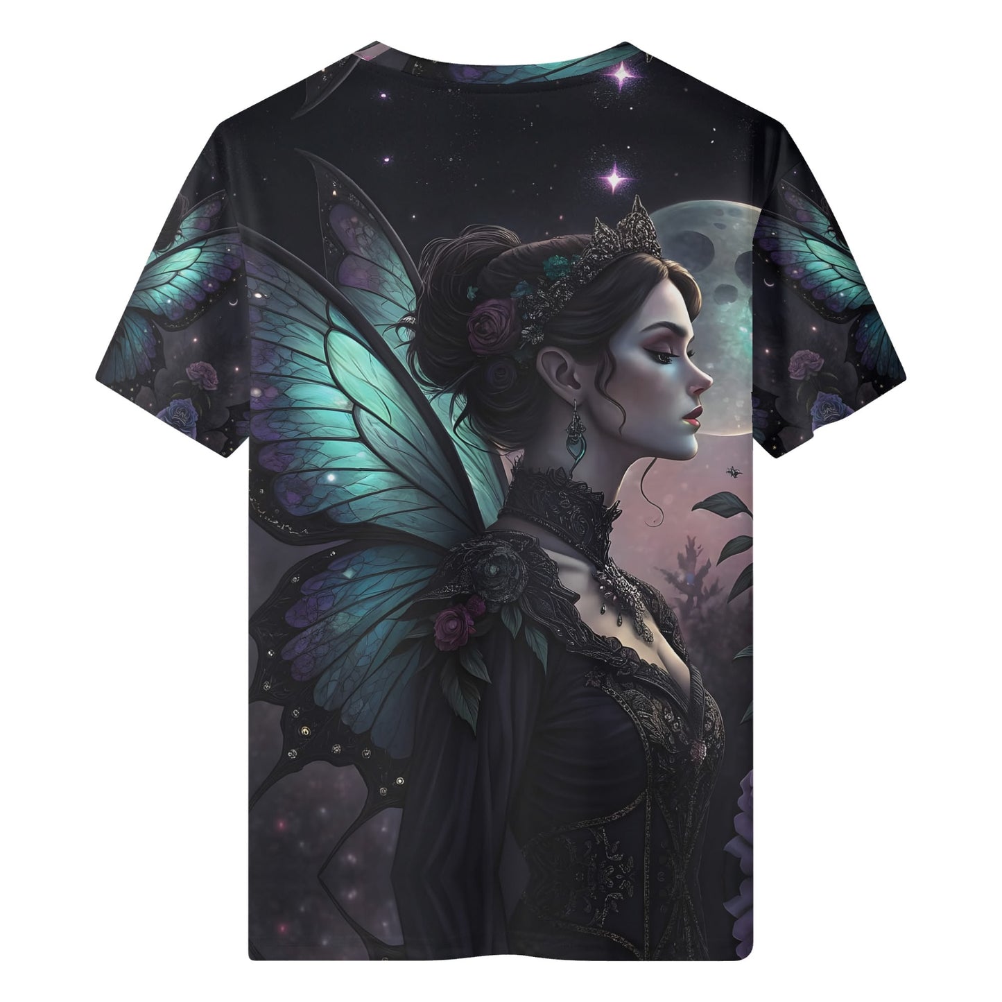 Lunar Enchantress Organic Cotton Kids T-Shirt featuring a mystical fairy with glowing wings under a starry night sky