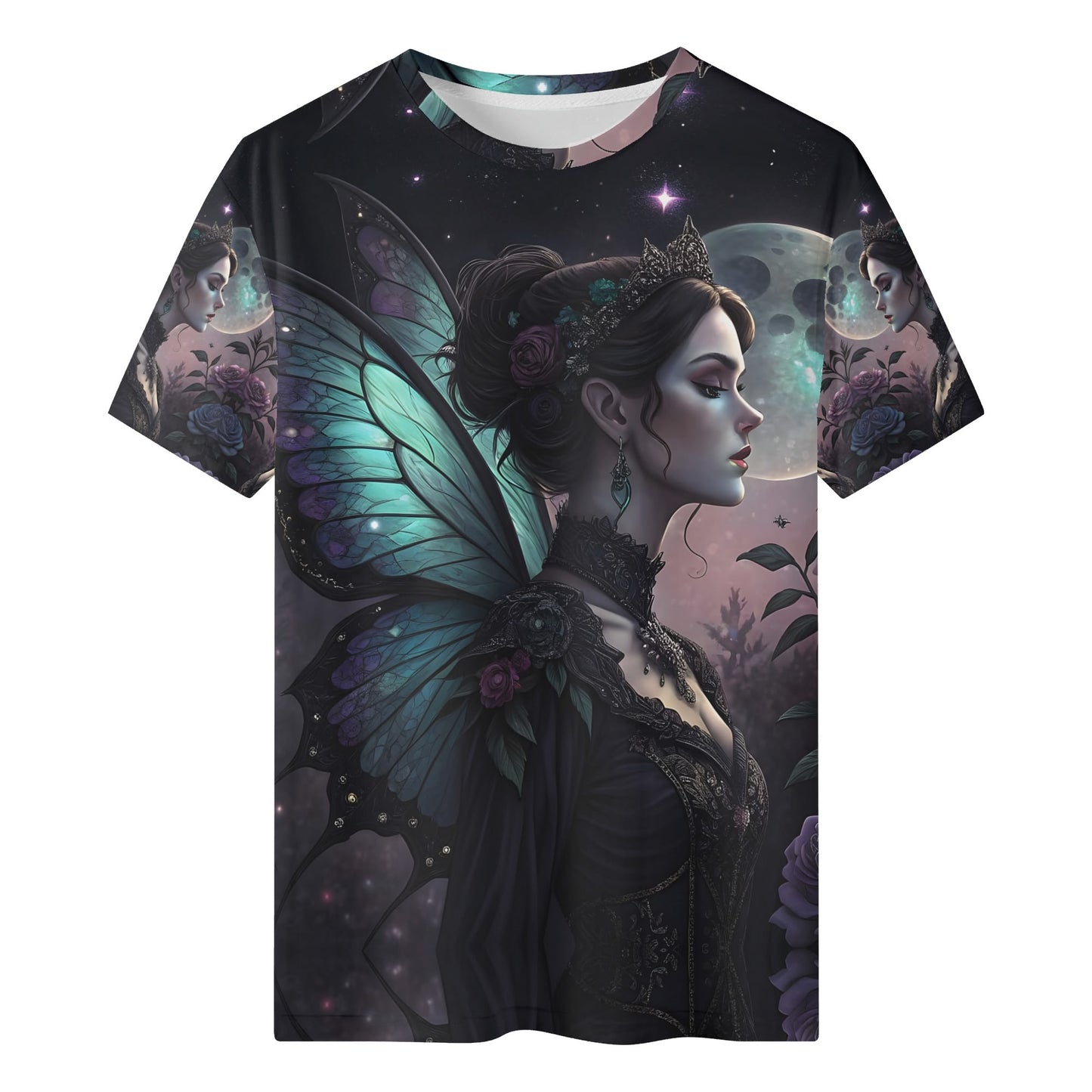 Lunar Enchantress Organic Cotton Kids T-Shirt featuring a fairy with butterfly wings under a moonlit night