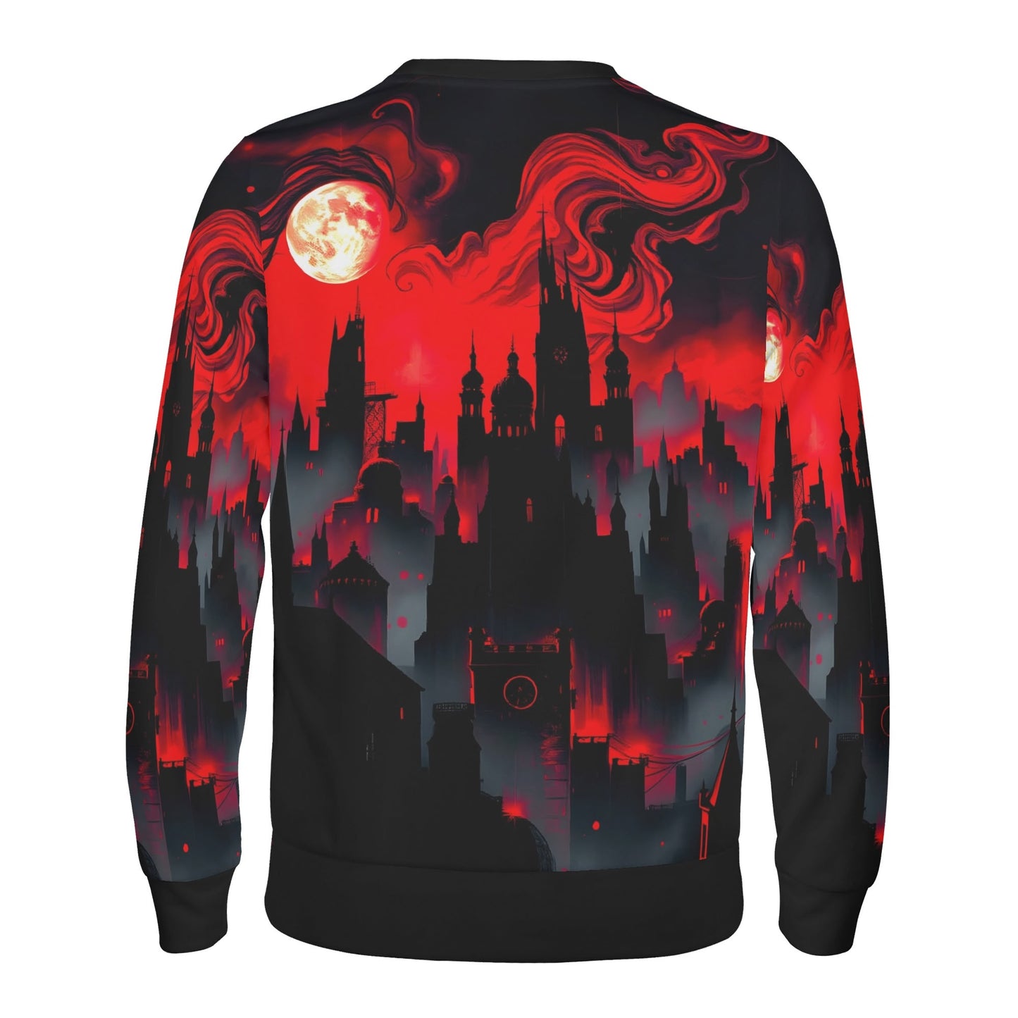 Loud and Lethal unisex sweater with red city skyline and full moon graphic Blood Moon Rising Poly French Terry Sweatshirt