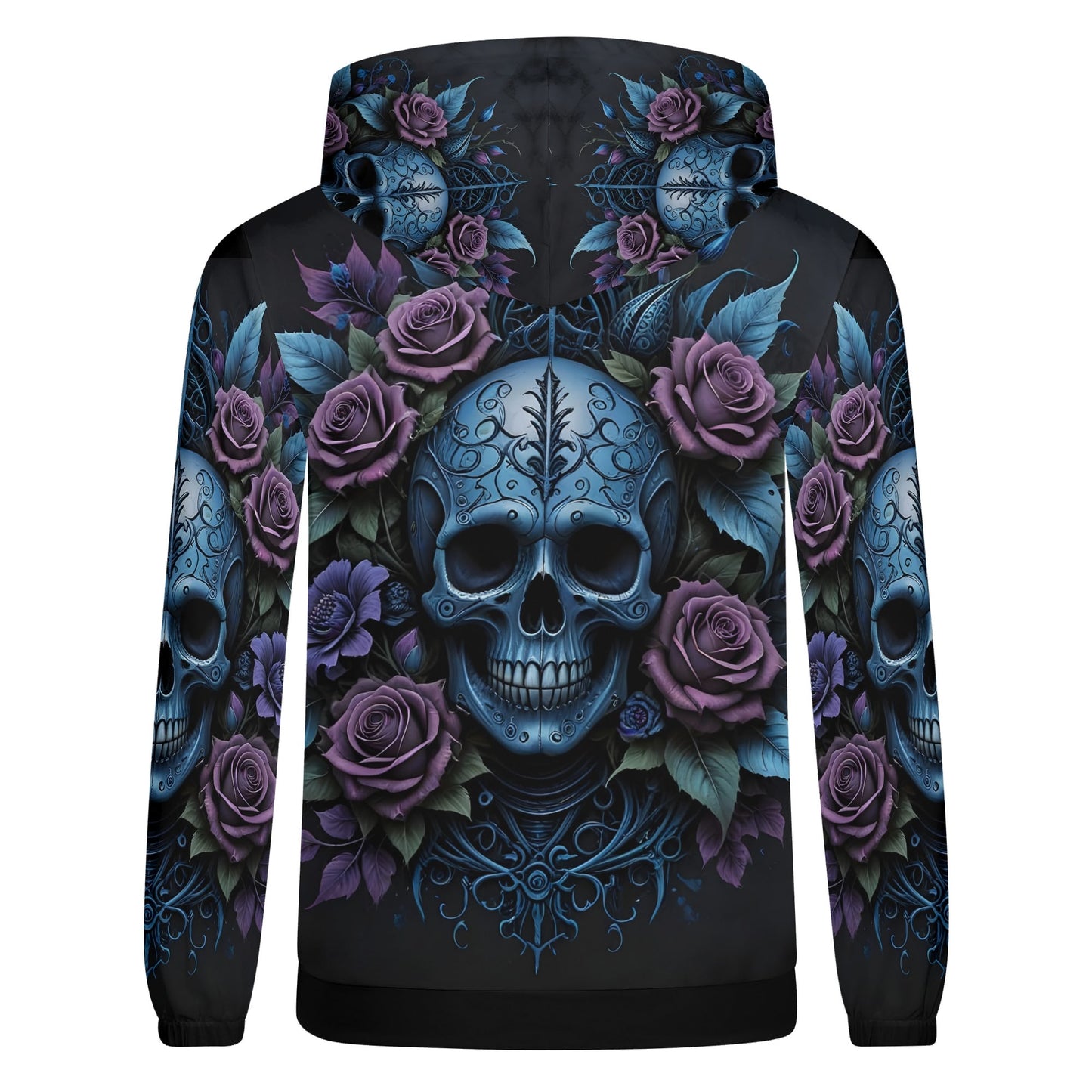 Lush Decay Poly French Terry hoodie with blue skull and purple roses design by Loud and Lethal