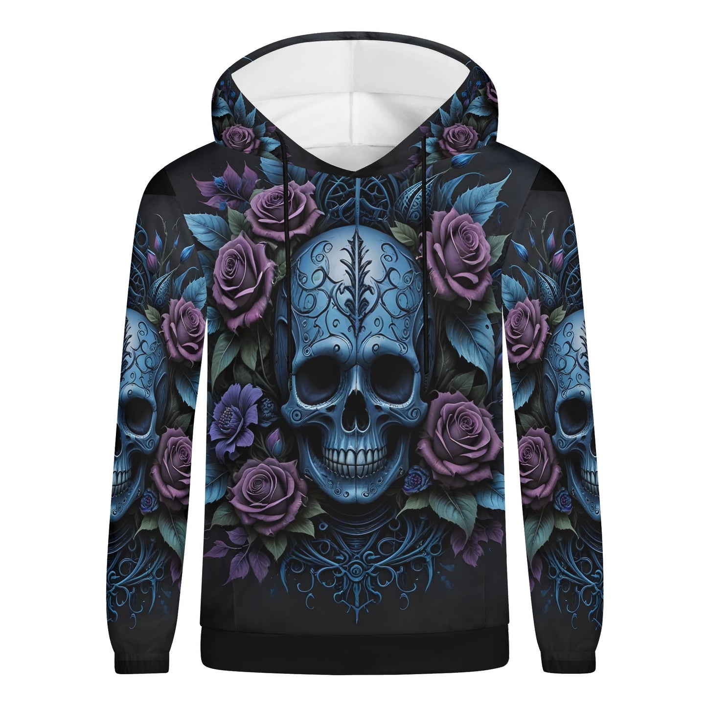 Lush Decay Poly French Terry hoodie featuring a blue skull and purple roses unisex design