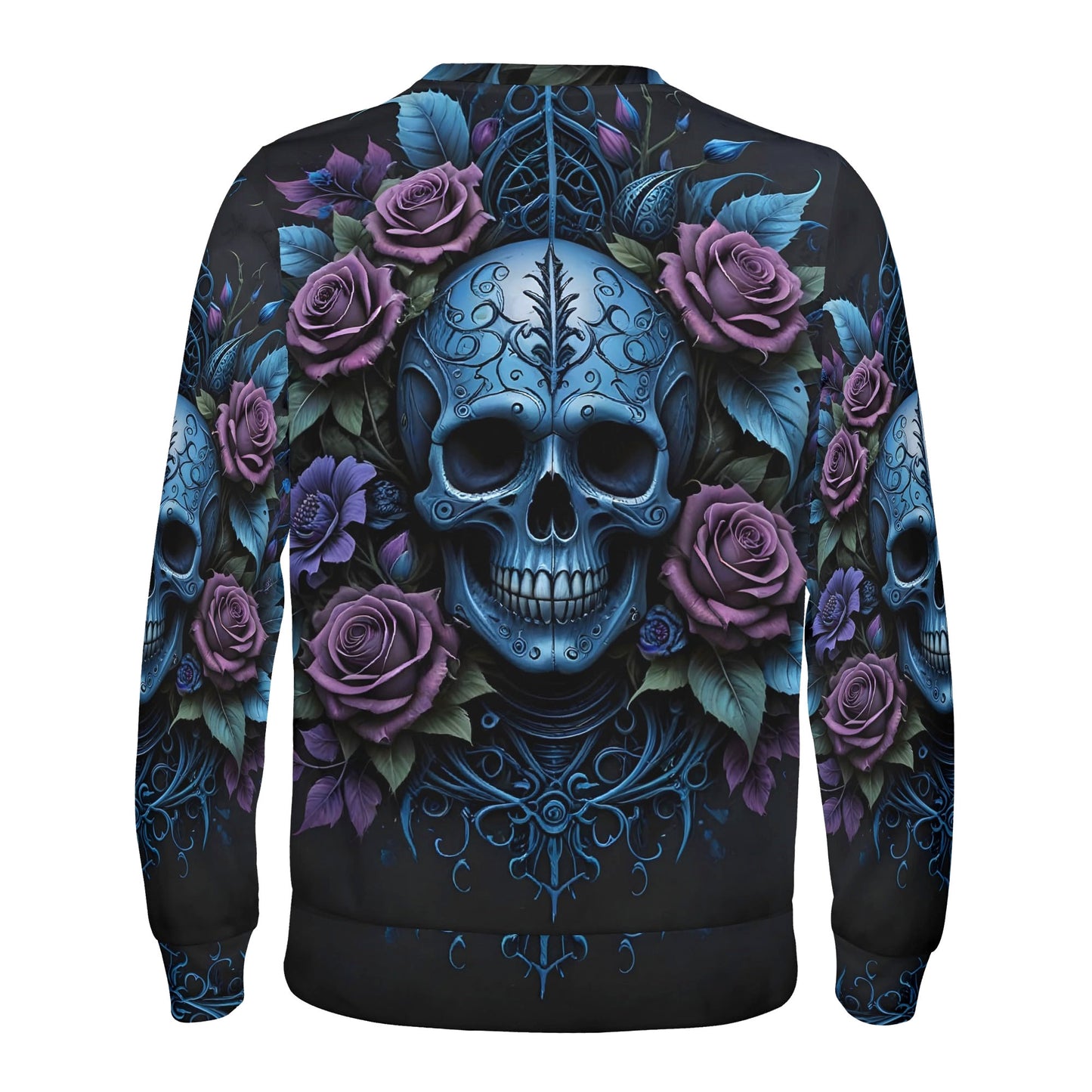 Lush Decay Poly French Terry Sweatshirt unisex Loud and Lethal sweater with blue ornamental skull and purple roses back print