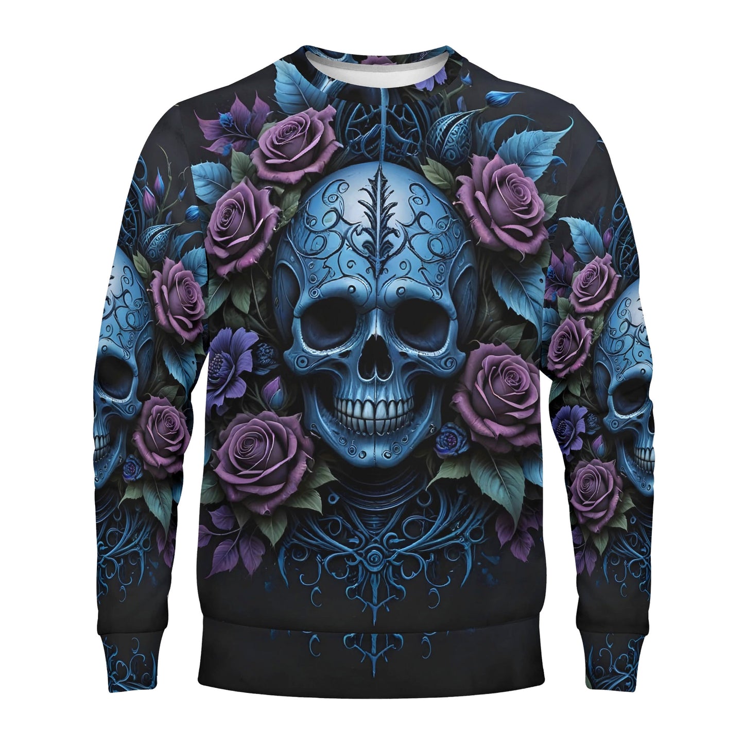 Loud and Lethal unisex sweater Lush Decay Poly French Terry Sweatshirt with ornate blue skull and purple roses on black