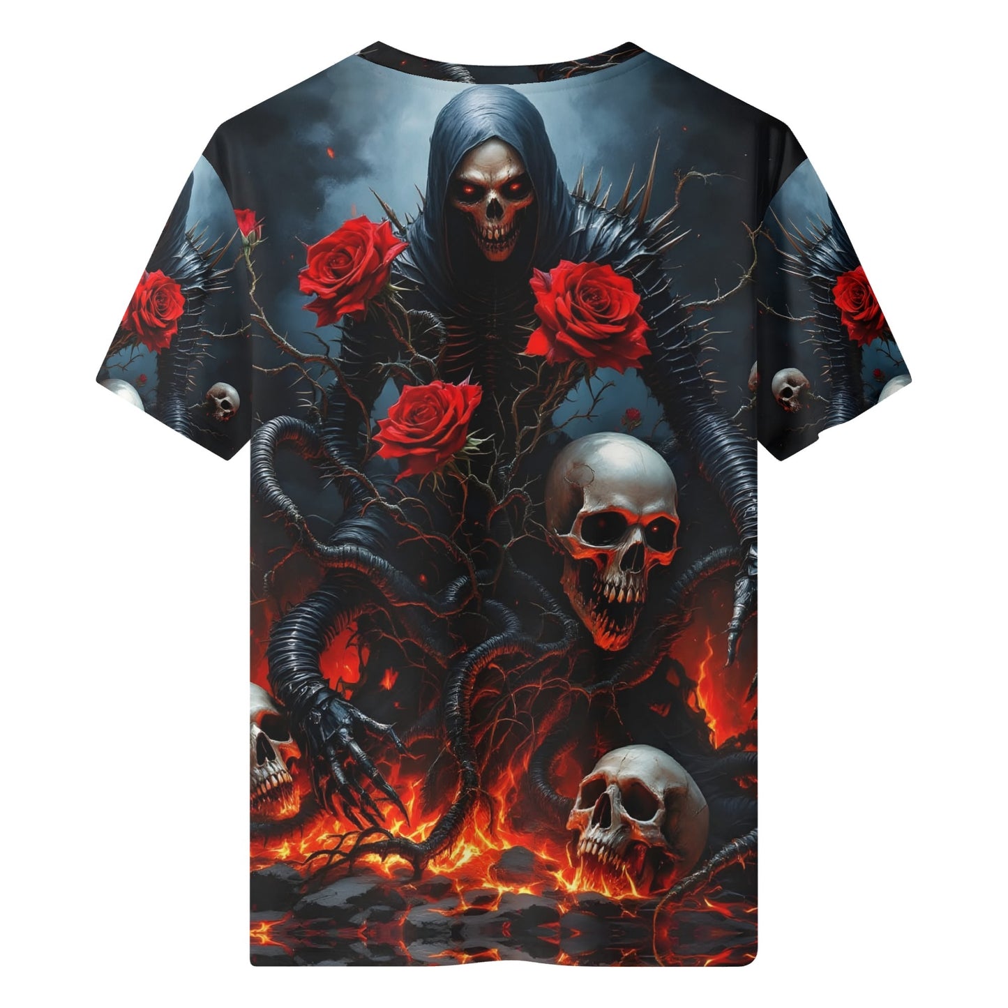 Maleficent Macabre 100 Cotton T-Shirt featuring dark hooded skeleton with red roses and skulls on a fiery background