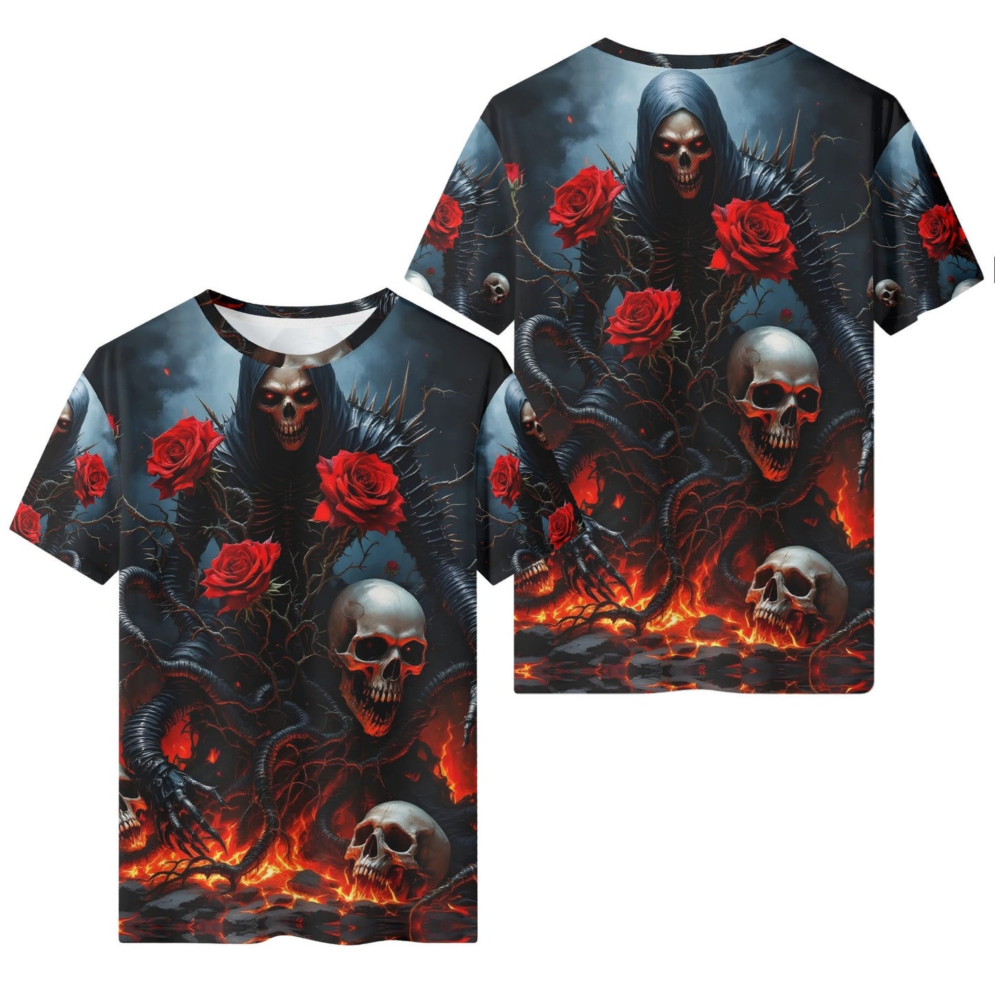 Maleficent Macabre 100 Cotton T-Shirt featuring dark skull and red rose design on front and back