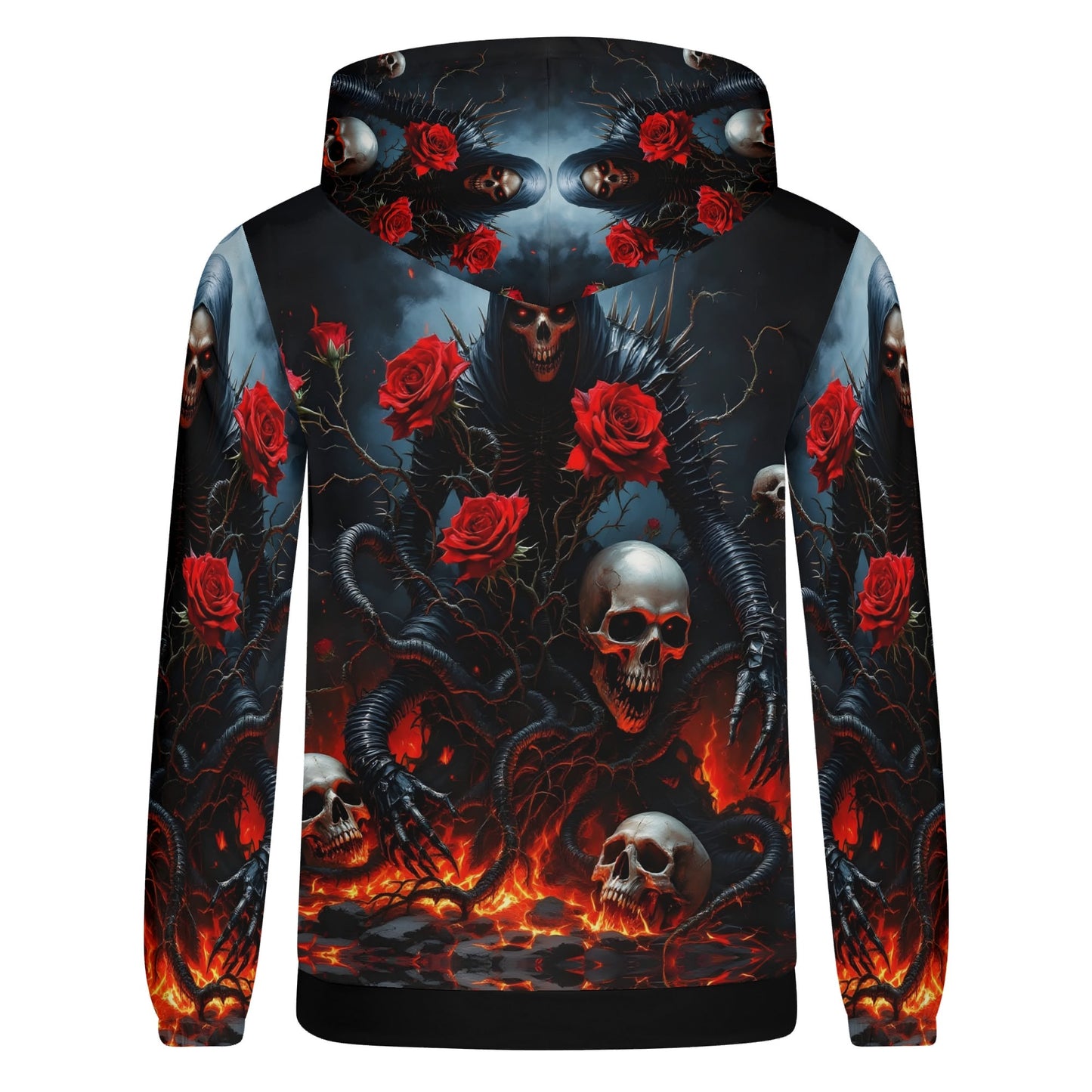Maleficent Macabre Cotton Terry hoodie with dark skulls red roses and fiery gothic design by Loud and Lethal