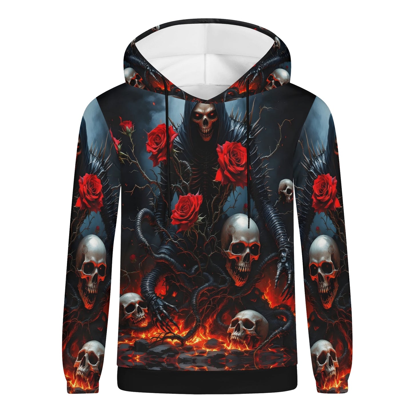 Maleficent Macabre Cotton Terry hoodie with skulls, red roses, and dark gothic fiery design