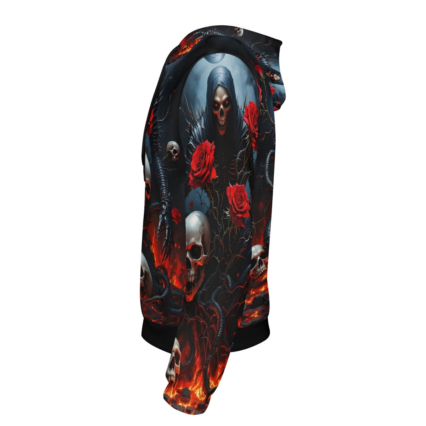 Loud and Lethal Maleficent Macabre Cotton Terry hoodie with skull and red rose design in dark gothic style
