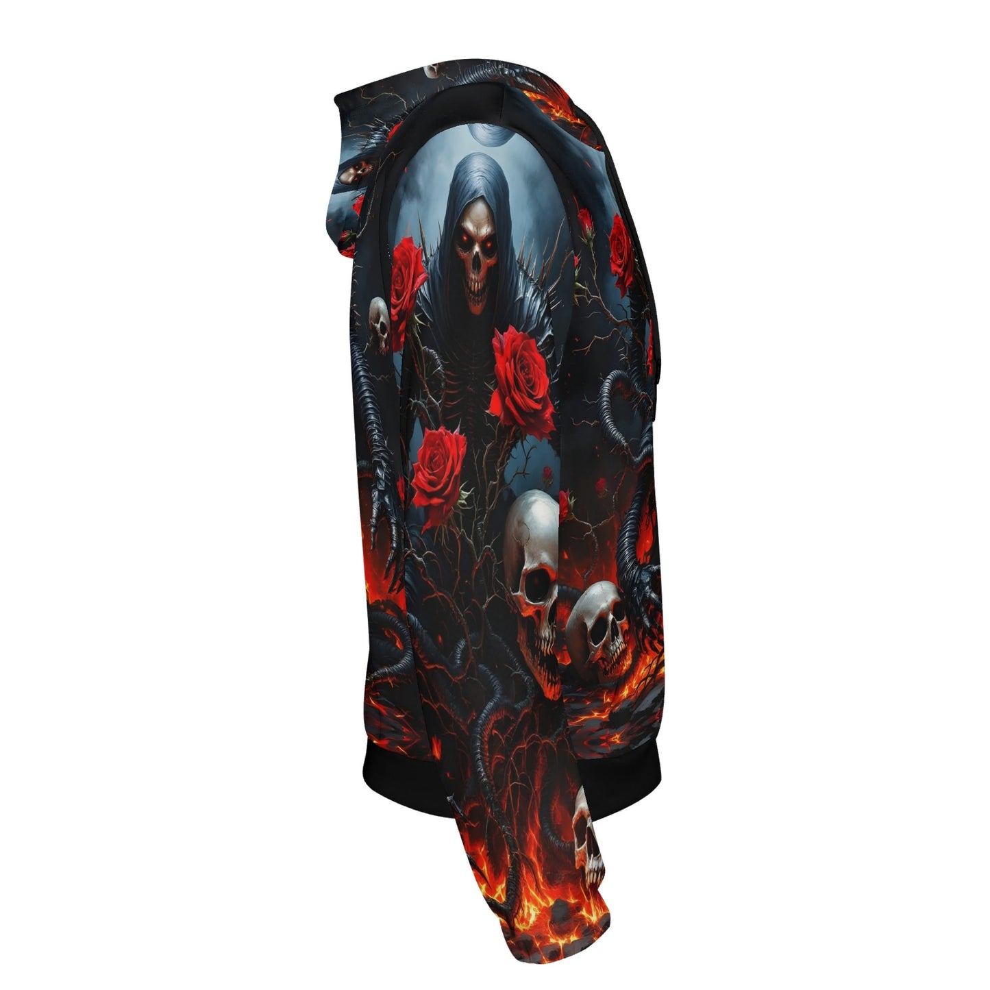 Loud and Lethal Maleficent Macabre Cotton Terry hoodie with skulls and red roses graphic design