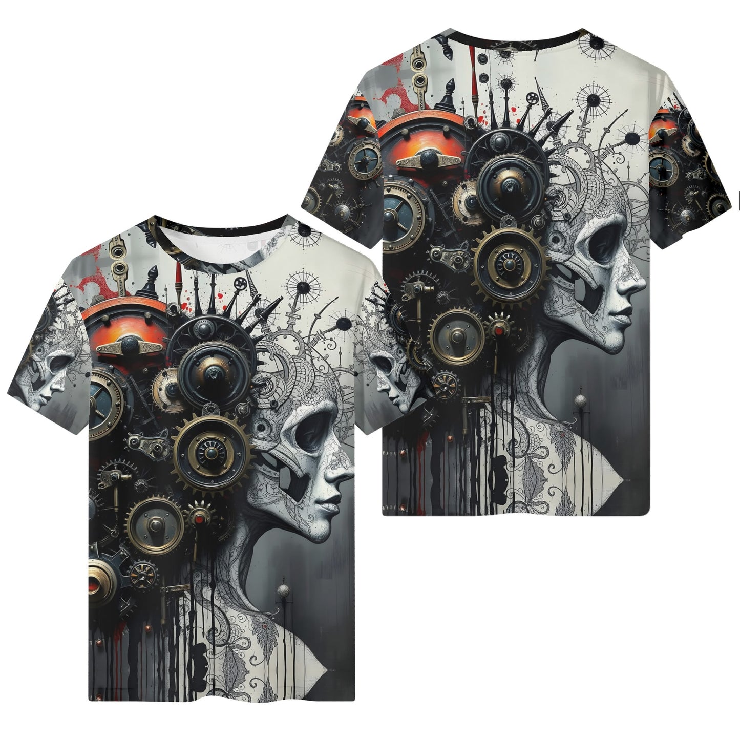 Mech and Flesh 100 Cotton T-Shirt featuring unisex design with detailed mechanical and skeletal artwork