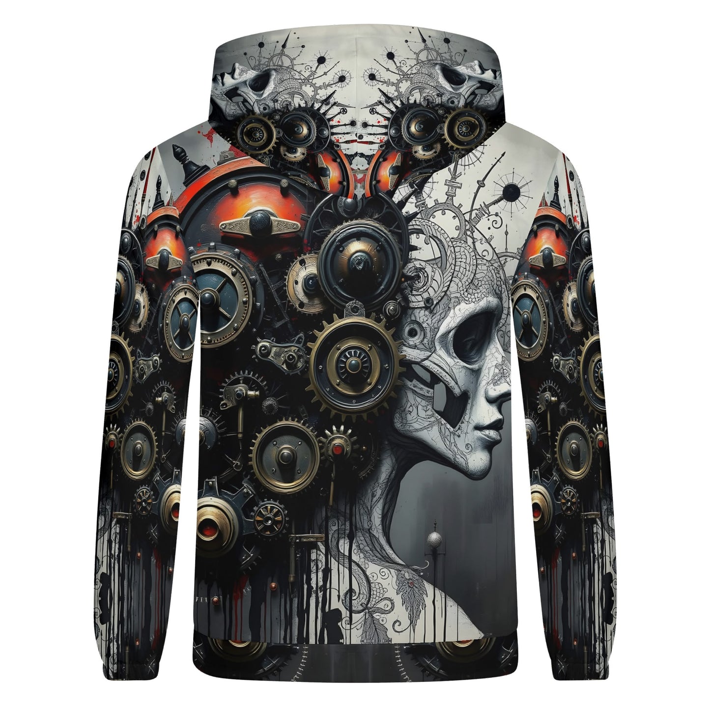 Mech and Flesh Poly French Terry hoodie by Loud and Lethal featuring mechanical gears and a stylized skull design
