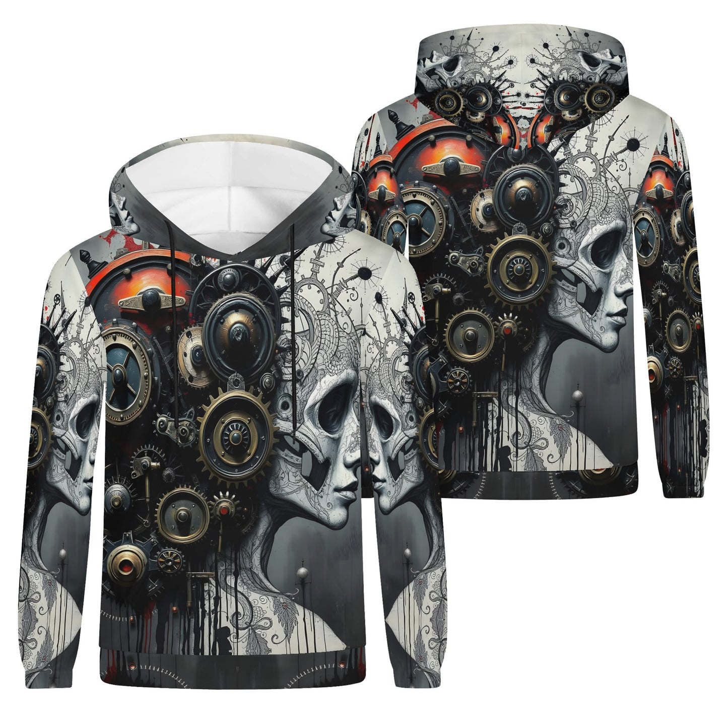 Loud and Lethal Mech and Flesh Poly French Terry hoodie featuring detailed mechanical skull design on unisex hoodie