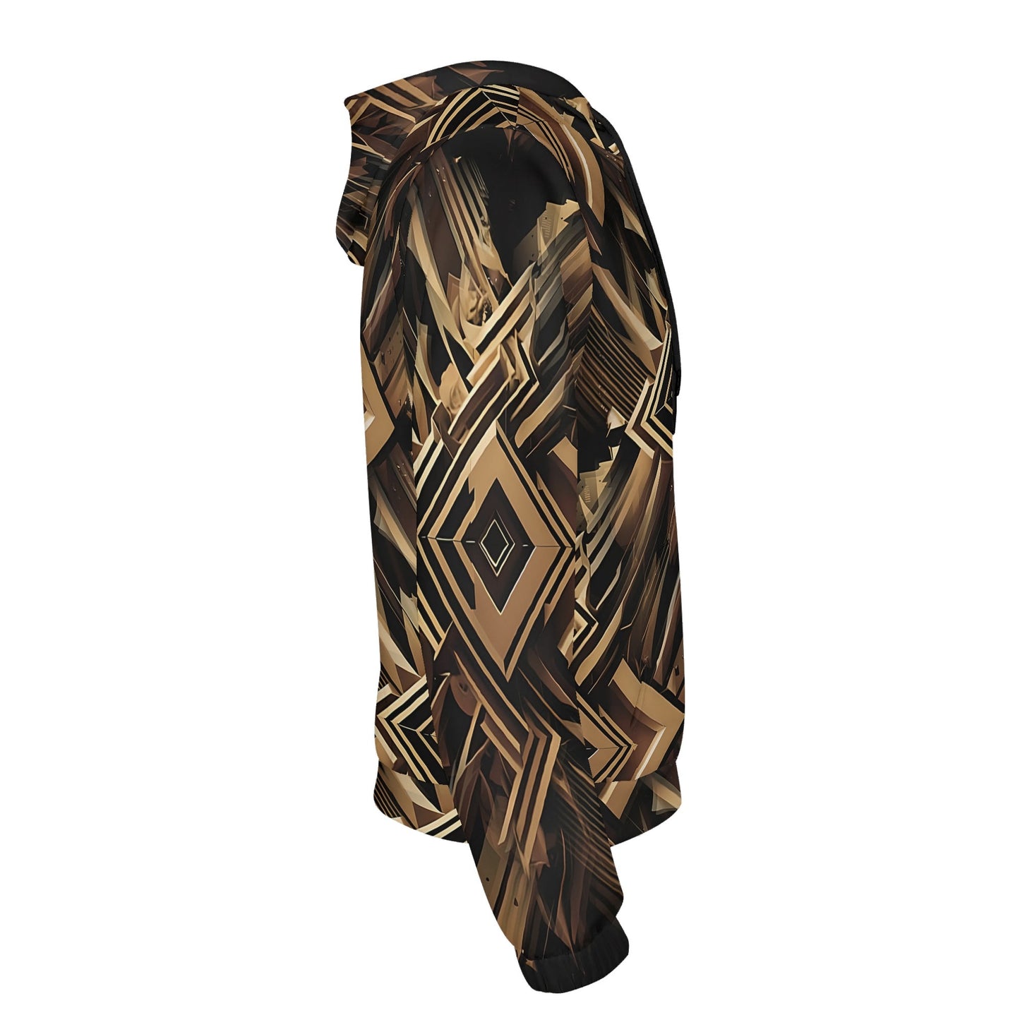 Side view of Loud and Lethal Metallic Maze poly french terry hoodie with geometric brown and black pattern