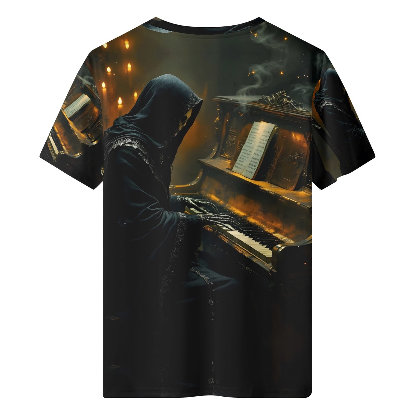 Midnight In Minor Lycra T-Shirt featuring a dark hooded figure playing piano in moody lighting