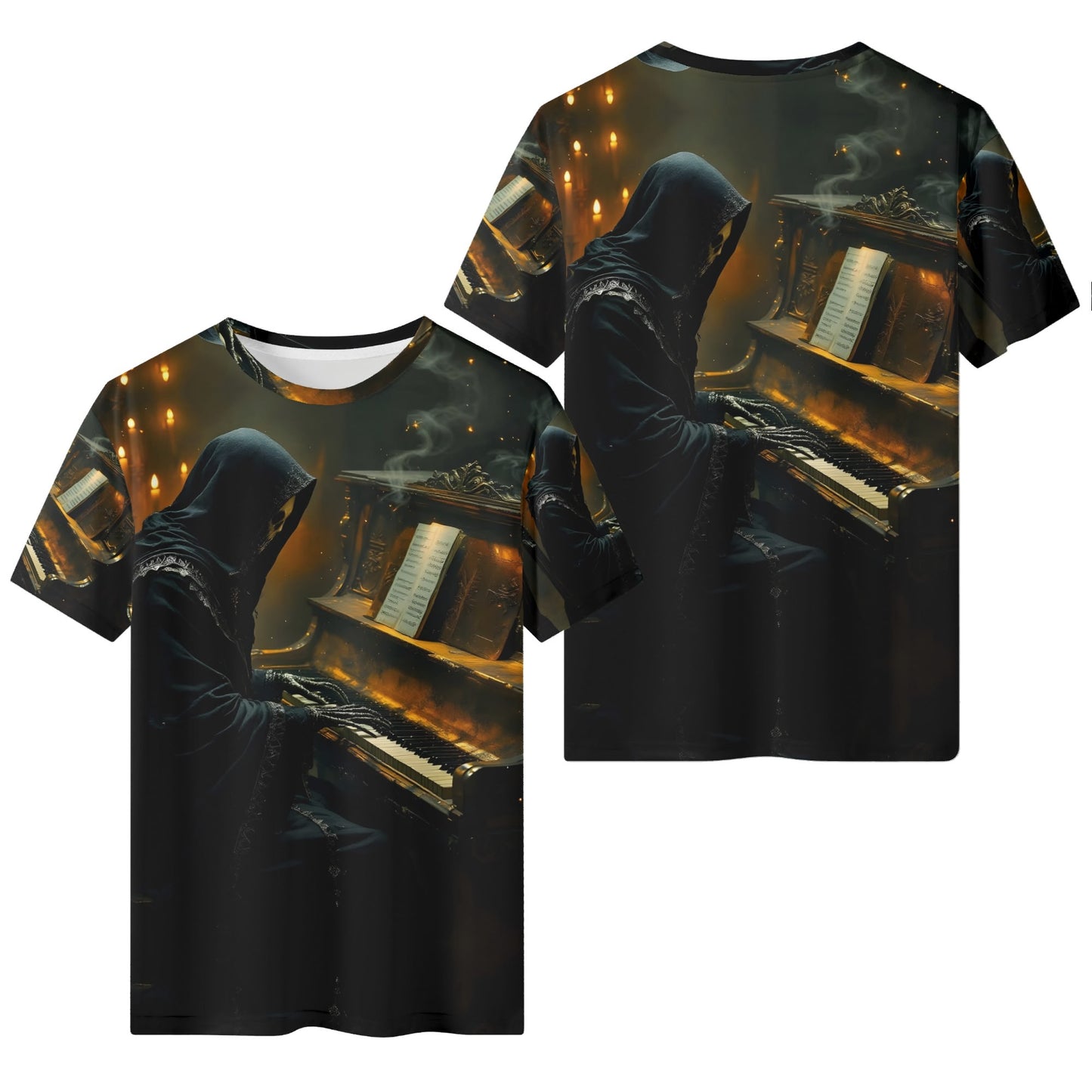 Midnight In Minor Lycra T-Shirt by Loud and Lethal featuring hooded figure playing piano in dark moody setting