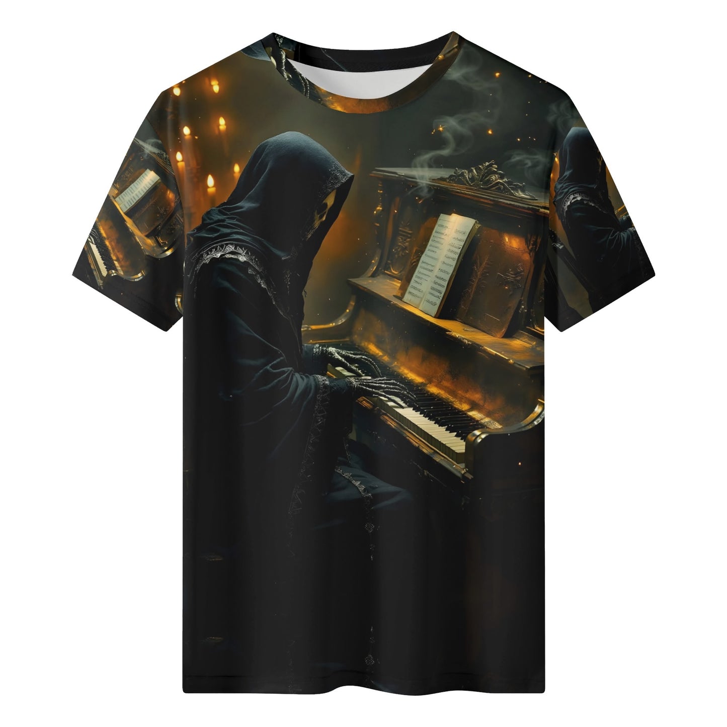 Midnight In Minor Lycra T-Shirt featuring hooded figure playing piano with glowing warm lights