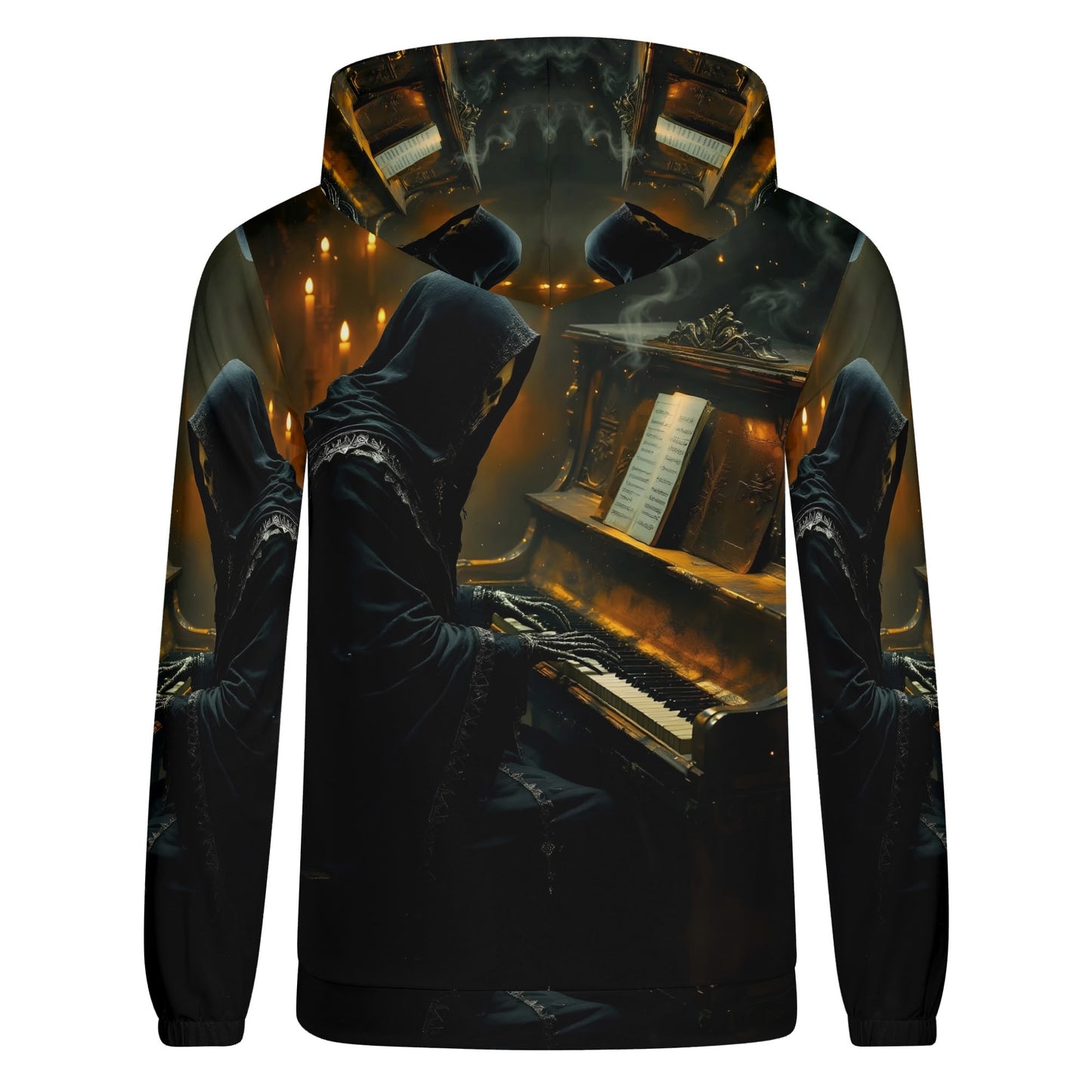 Loud and Lethal Midnight in Minor Poly French Terry Hoodie with dark hooded figure playing piano