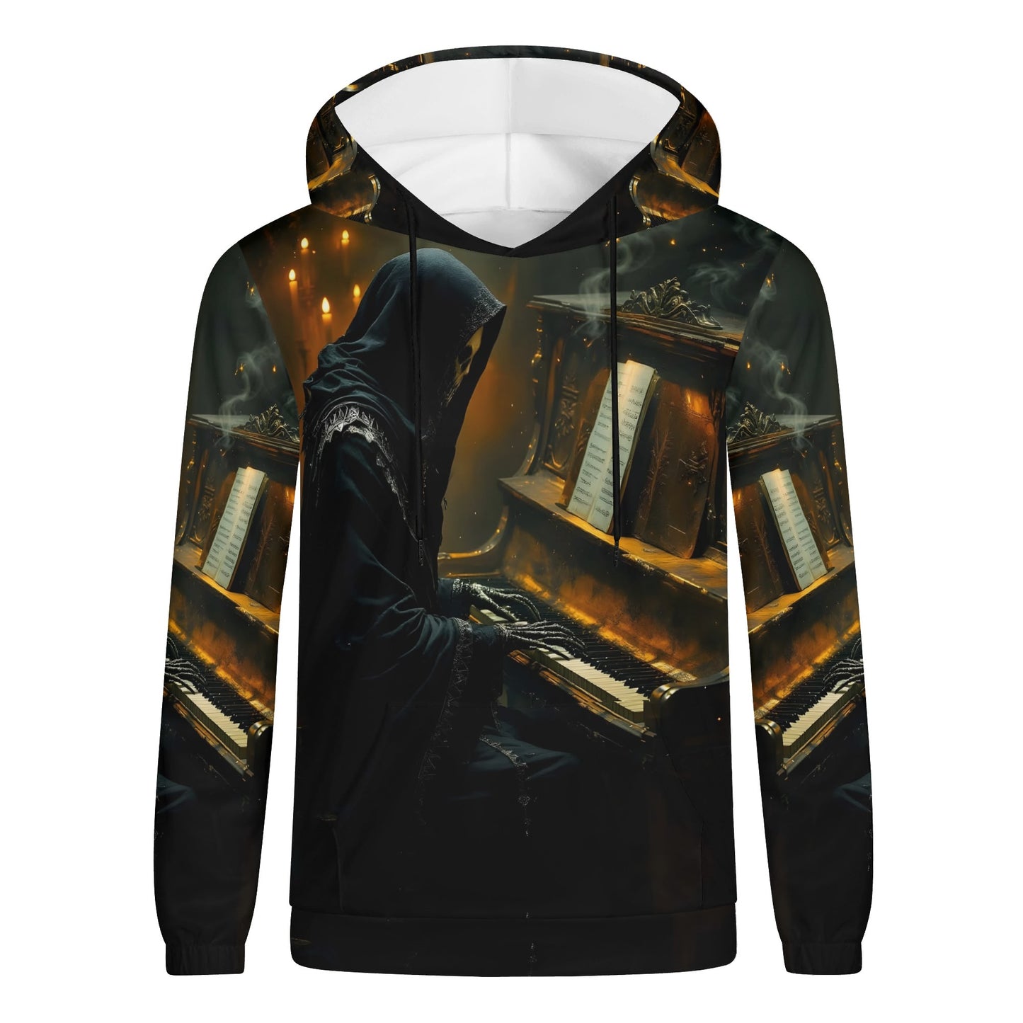 Midnight in Minor Poly French Terry Hoodie by Loud and Lethal featuring a dark hooded figure playing piano design
