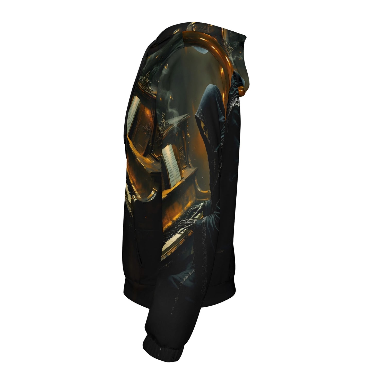 Side view of Loud and Lethal Midnight in Minor Poly French Terry Hoodie featuring a dark piano-themed design