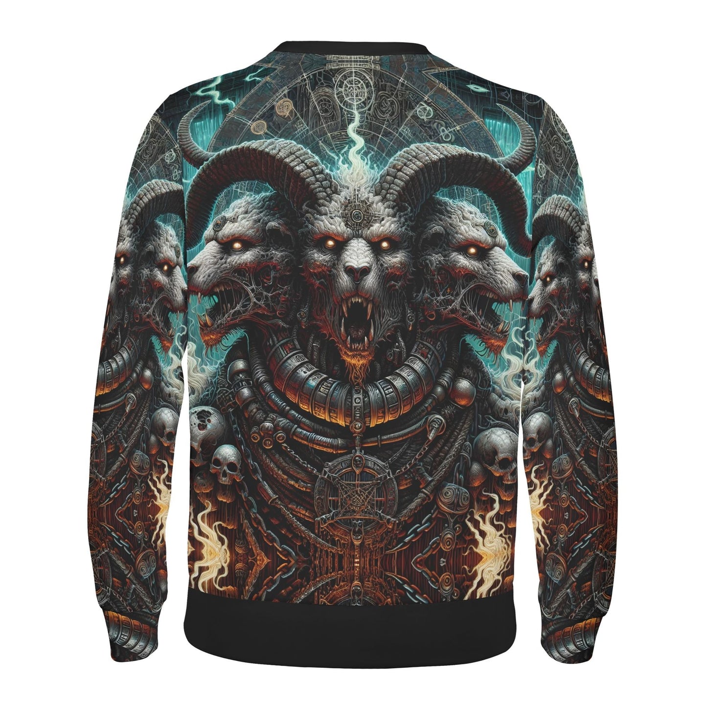 Mythical Monsters Cerberus Poly French Terry Sweatshirt unisex featuring three headed Cerberus with horns and skull details