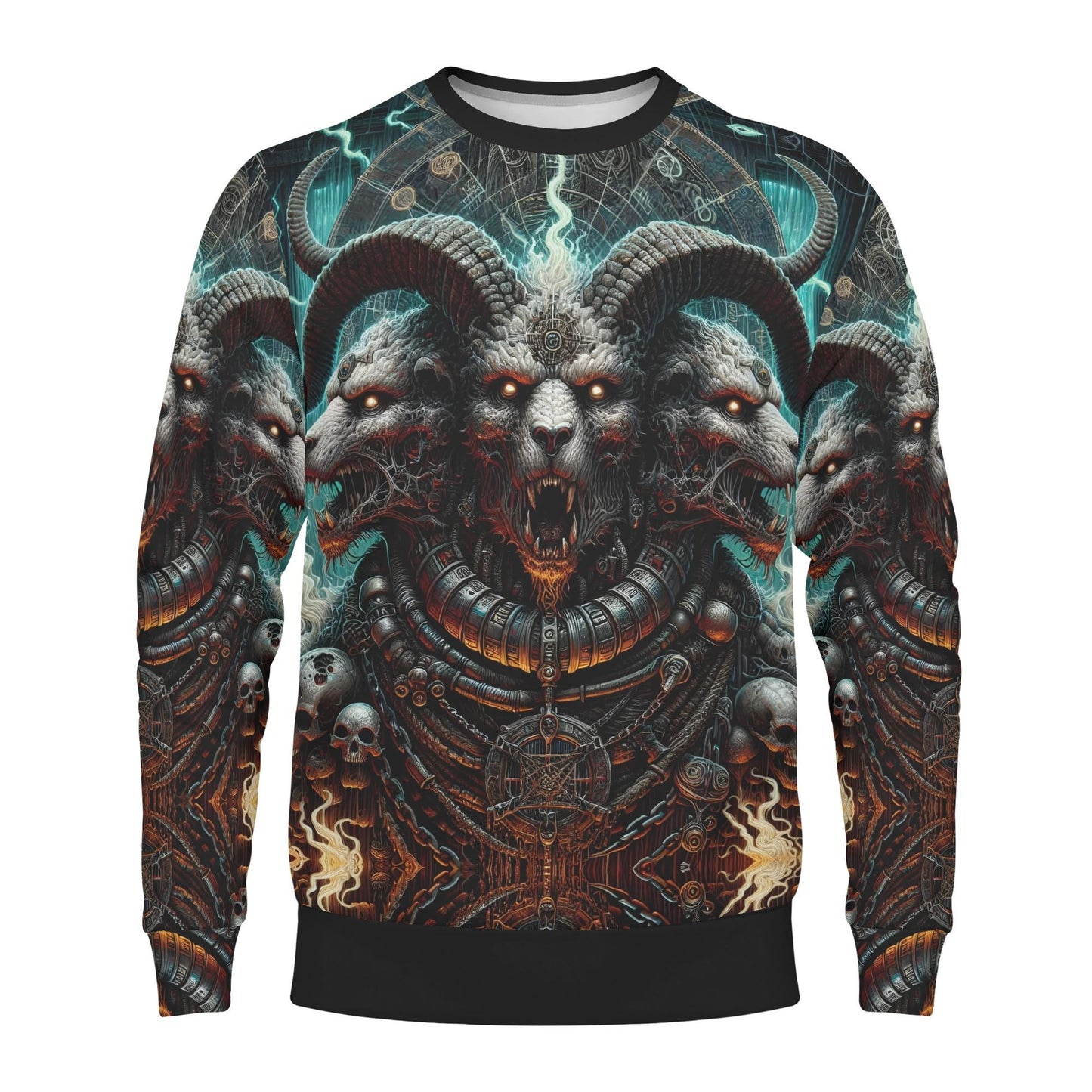 Loud and Lethal Mythical Monsters Cerberus Poly French Terry Sweatshirt unisex with three headed demonic wolf and skulls print