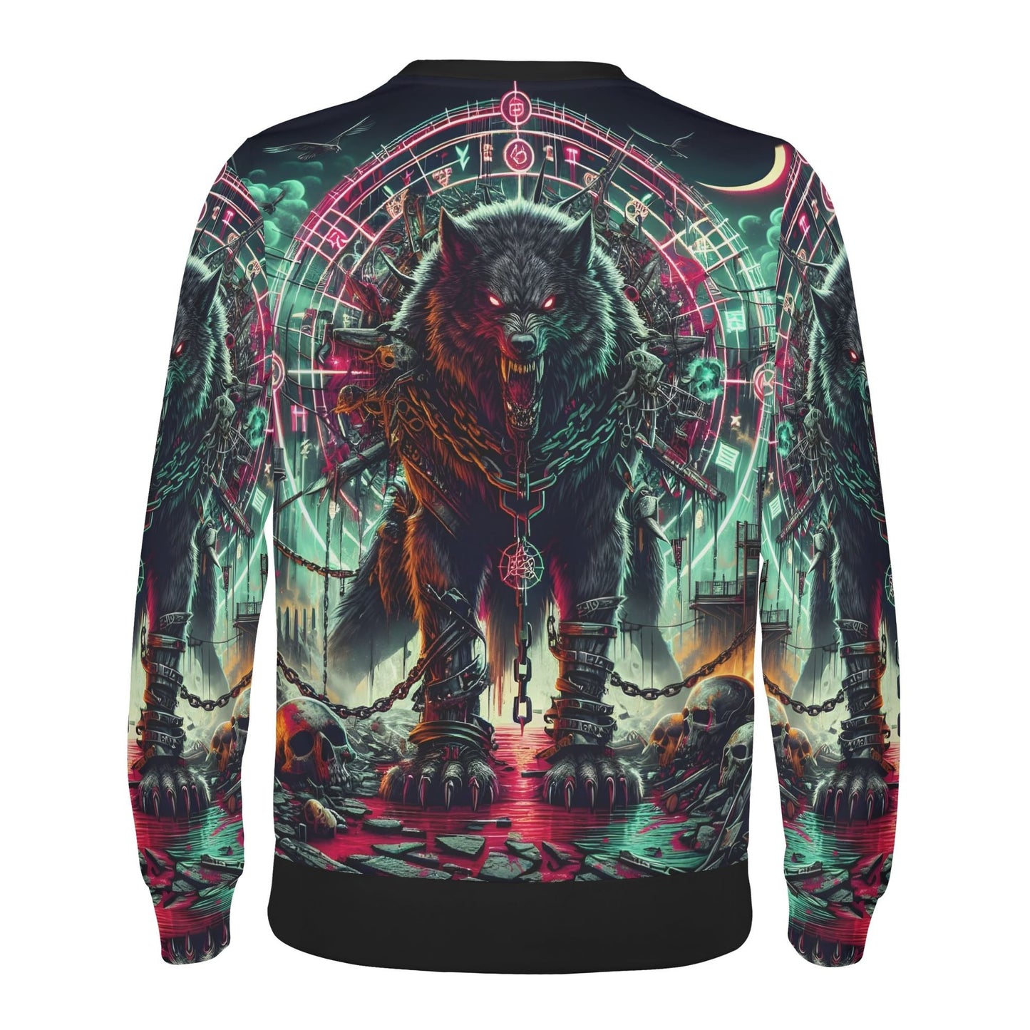 Mythical Monsters Fenrir Poly French Terry Sweatshirt unisex back view snarling chained wolf with occult sigils neon green pink