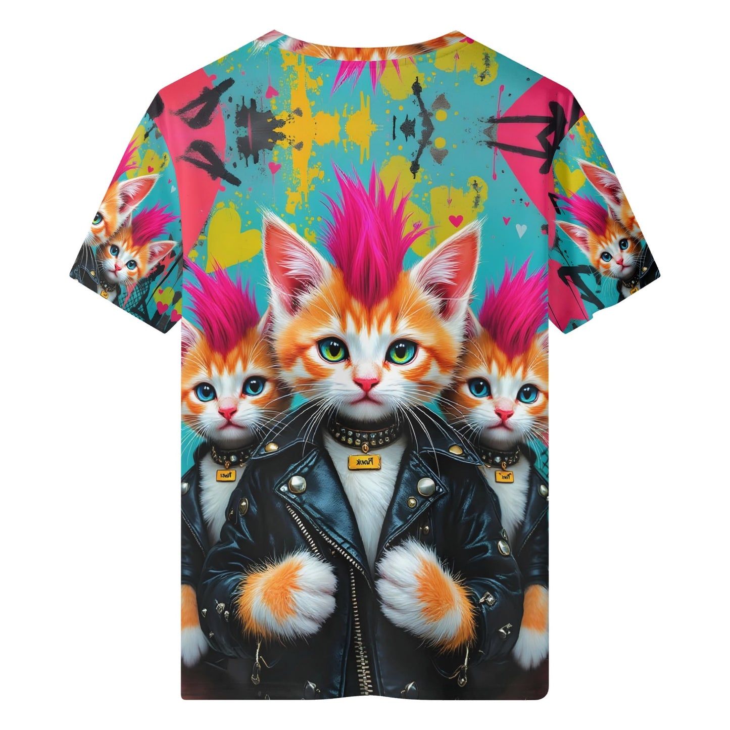 Mohawk Meow Organic Cotton Kids T-Shirt featuring a punk cat with pink mohawk and leather jacket colorful background