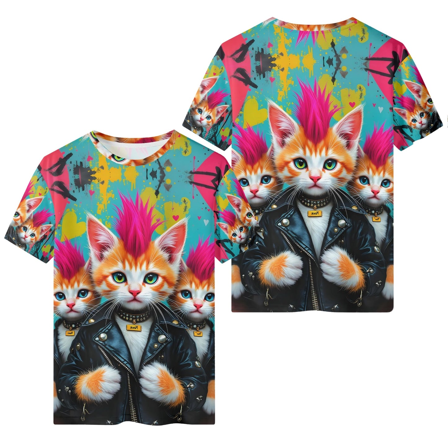 Mohawk Meow Organic Cotton Kids T-Shirt featuring a punk cat with pink mohawk and leather jacket