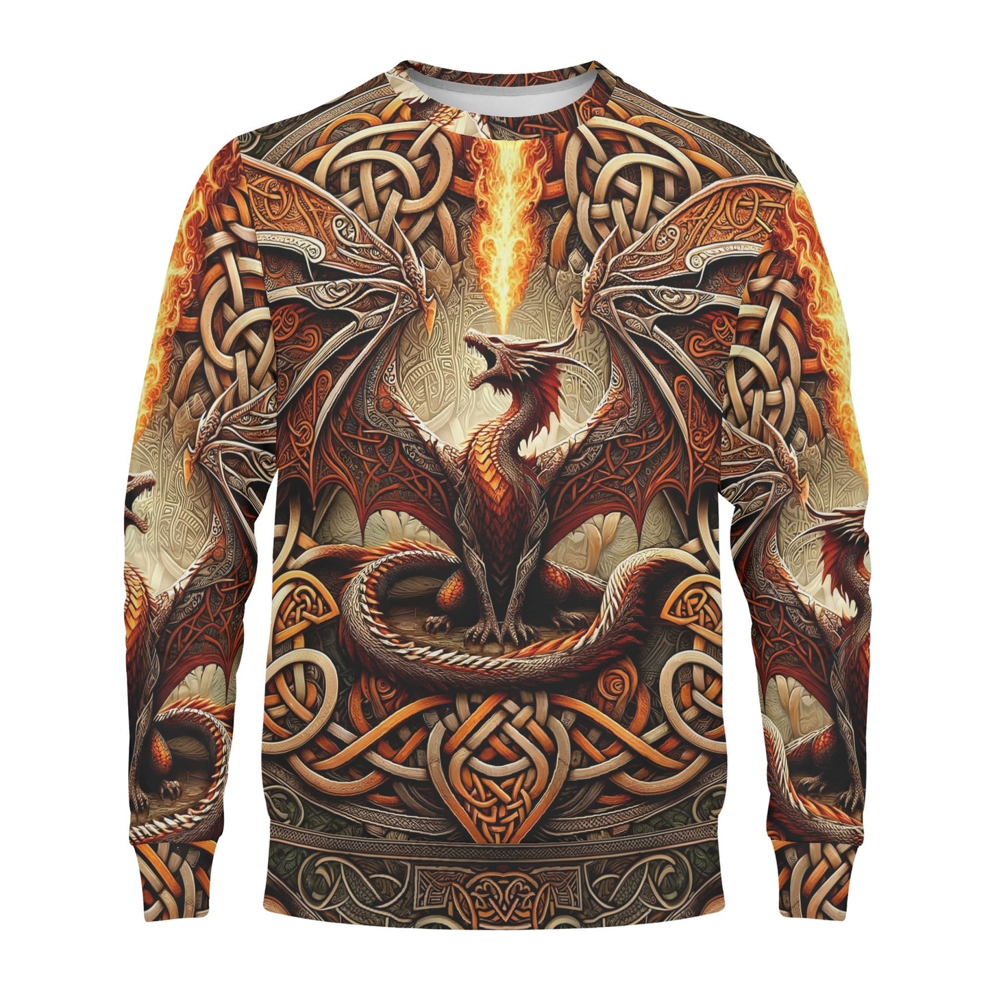 Braided Fury Poly French Terry Sweatshirt unisex sweater with fiery red dragon and Celtic knot braided design