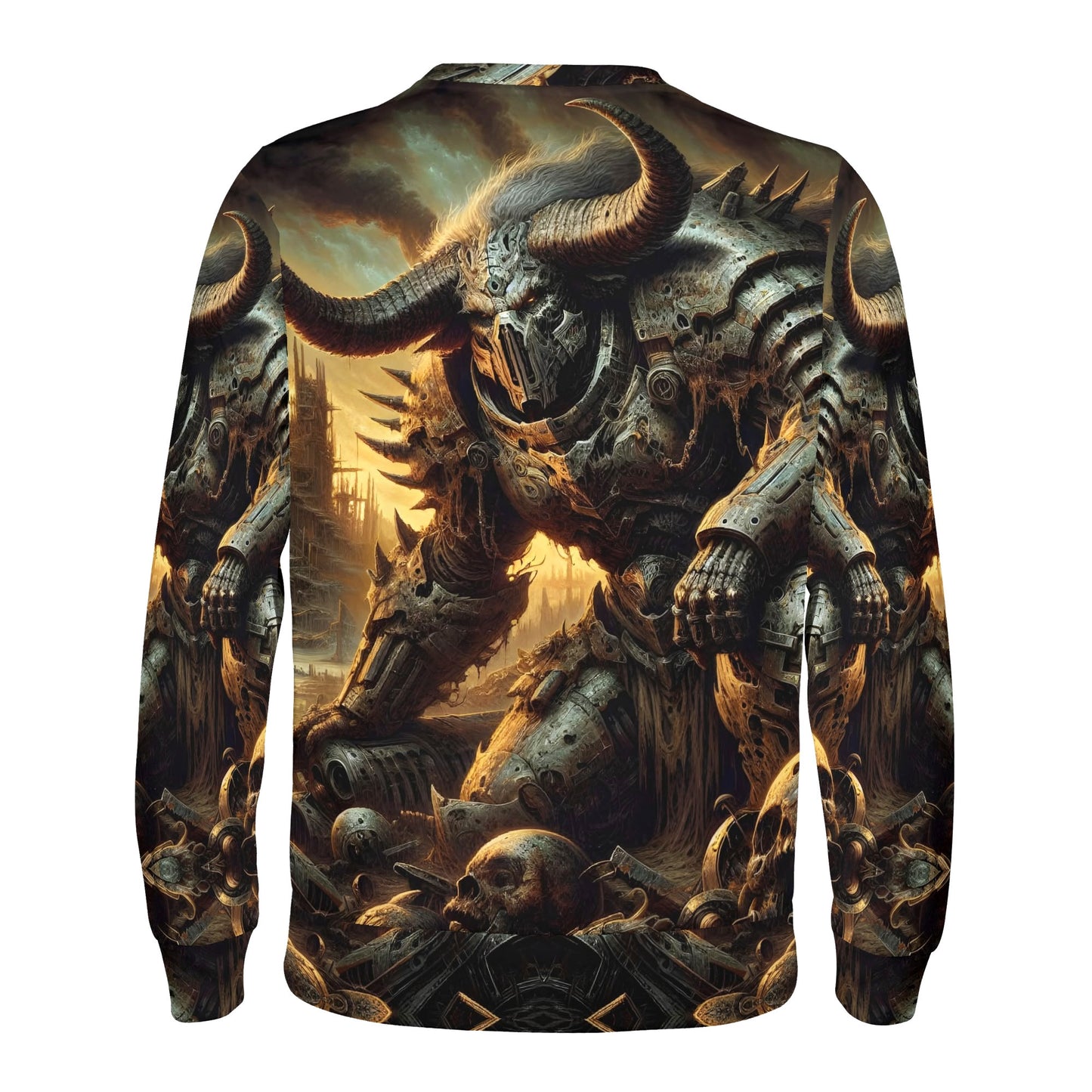 Loud and Lethal Horns of the Apocalypse Poly French Terry Sweatshirt unisex print back view with horned armored demon and skulls