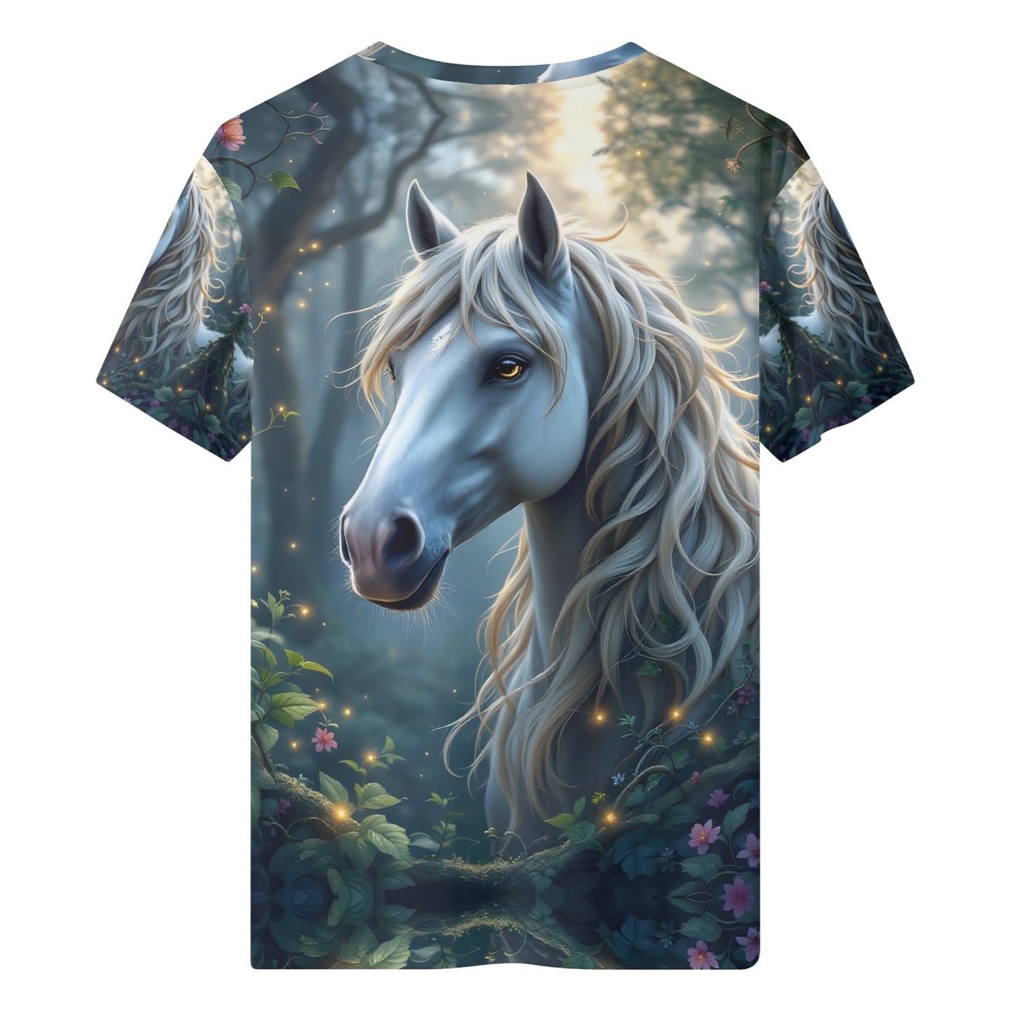 Mystic Hooves Organic Cotton Kids T-Shirt featuring detailed white horse in enchanted forest design