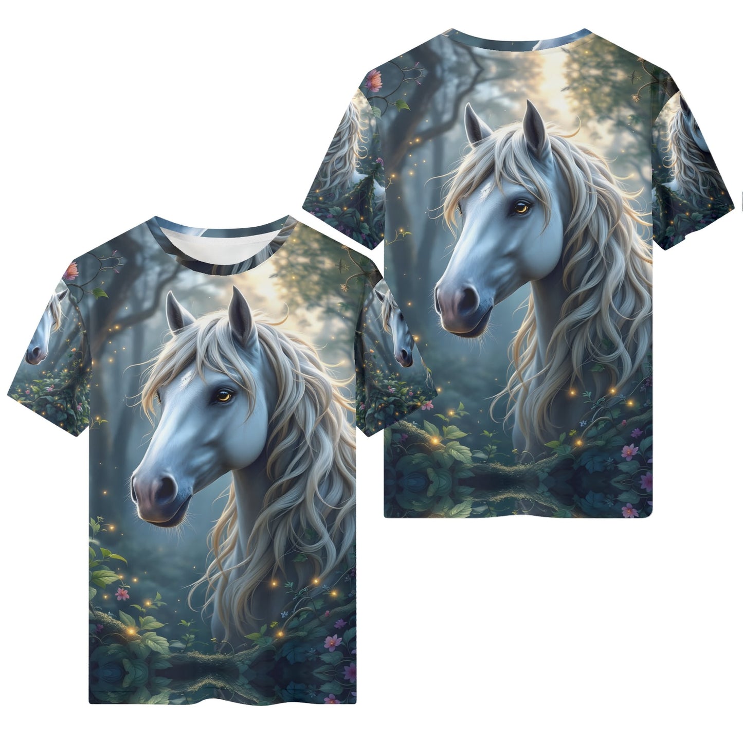 Mystic Hooves Organic Cotton Kids T-Shirt featuring a detailed horse in a magical forest setting