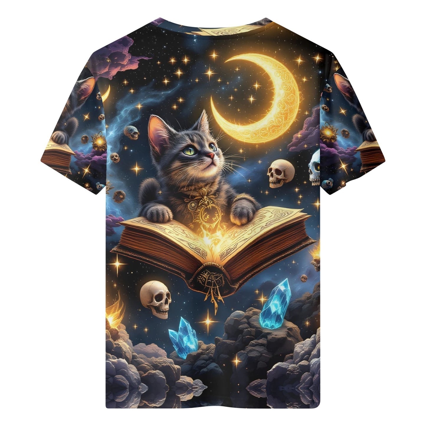 Mystic Paws Organic Cotton Kids T-Shirt featuring a magical cat with glowing moon and floating book design