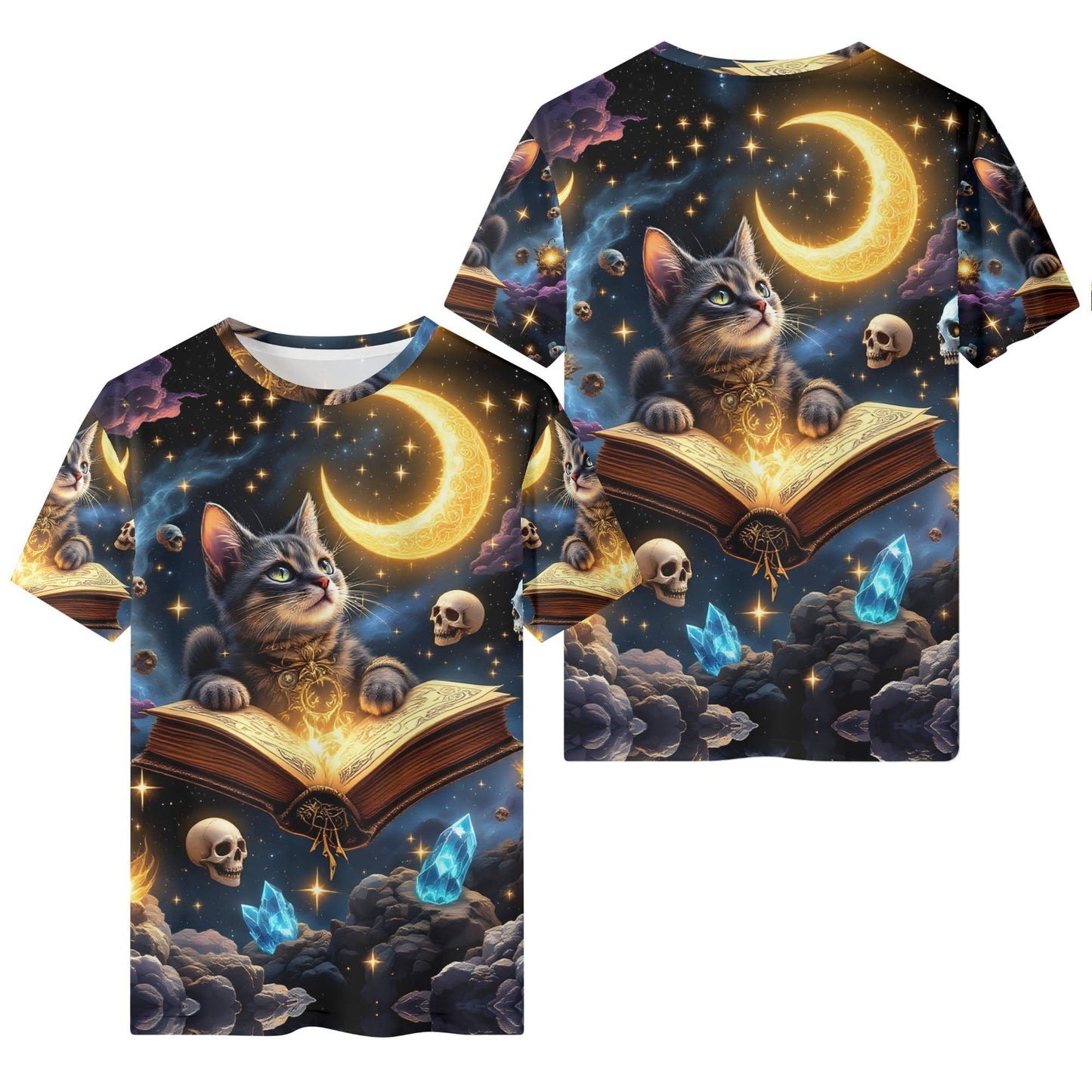 Mystic Paws Organic Cotton Kids T-Shirt by Loud and Lethal featuring a magical cat with glowing book and moon design