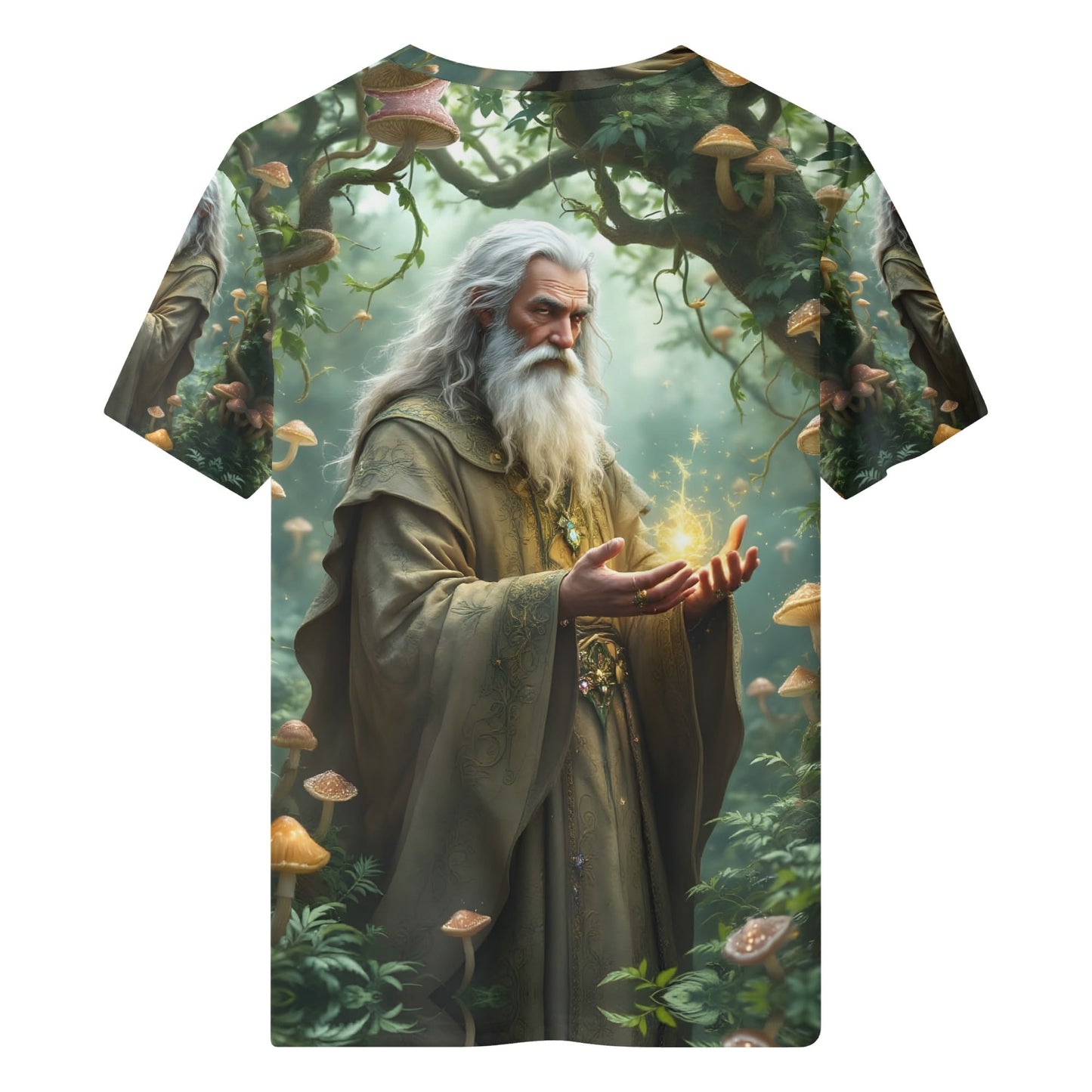 Loud and Lethal The Wizards Lore Lycra Kids T-Shirt showing a wizard casting a glowing spell in a mushroom forest