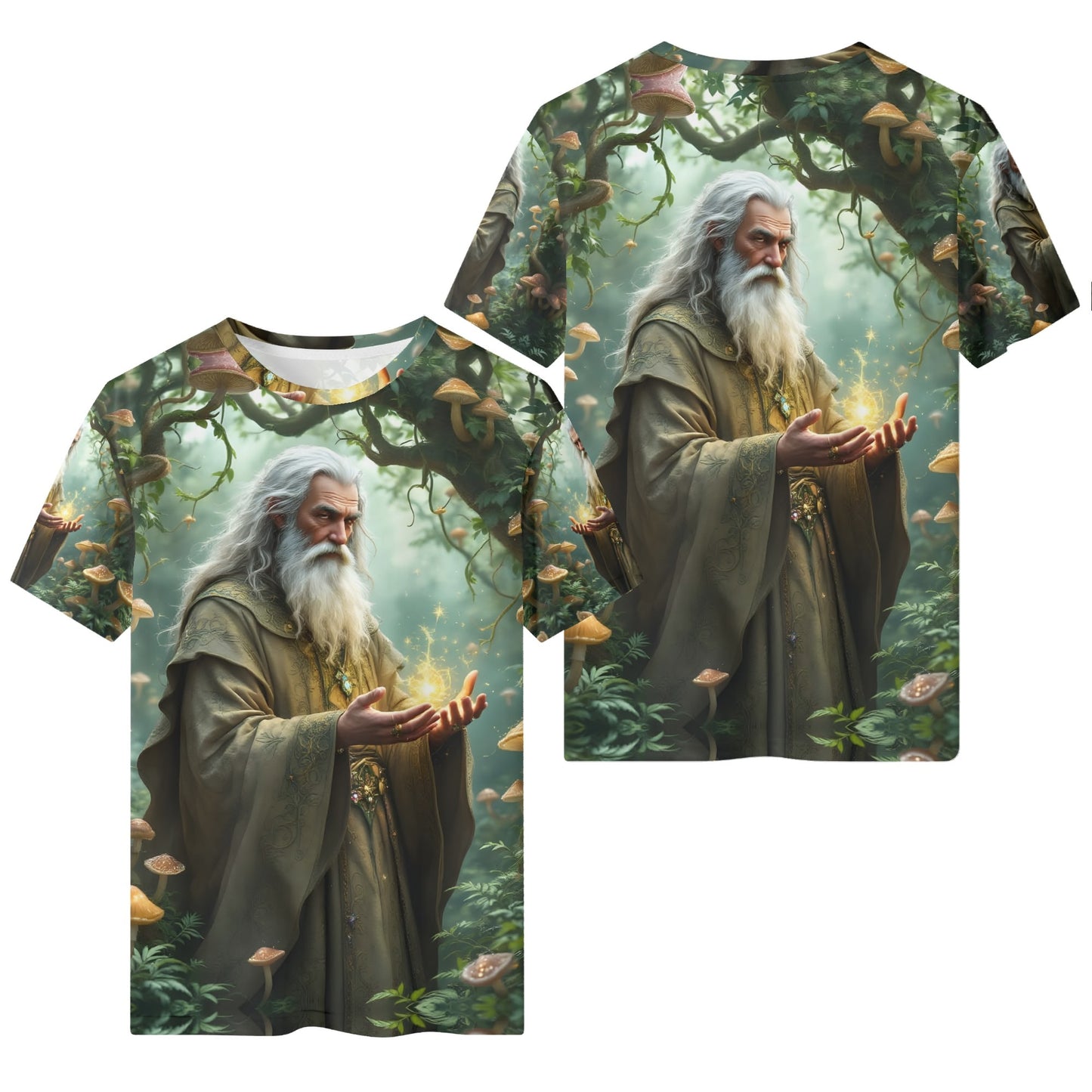 The Wizards Lore Lycra Kids T-Shirt. Kids tee with detailed forest wizard print featuring bearded mage holding glowing light