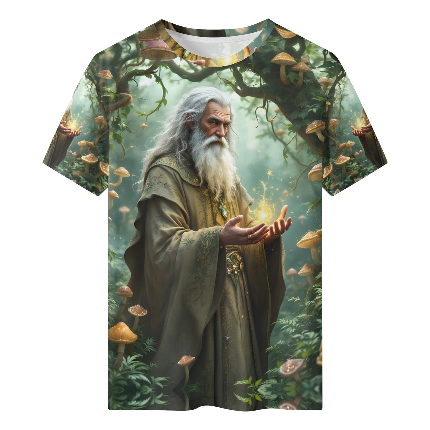 The Wizards Lore Lycra Kids T-Shirt by Loud and Lethal featuring white bearded wizard in enchanted forest with mushrooms