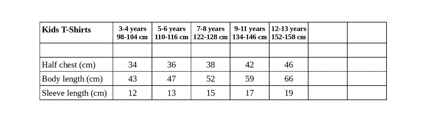 The Wizards Lore Lycra Kids T-Shirt size chart showing chest body and sleeve measurements in cm for ages 3 to 13