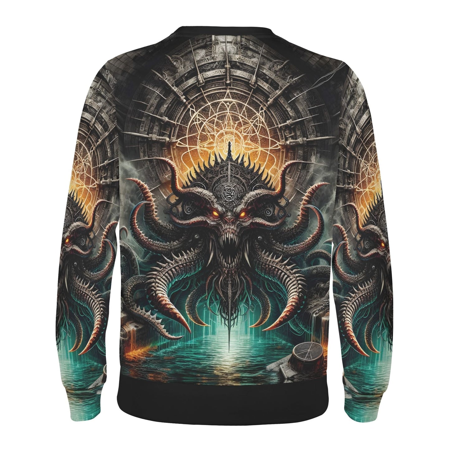 Loud and Lethal unisex Mythical Monsters Kraken Poly French Terry Sweatshirt showing horned kraken with glowing eyes and tentacles