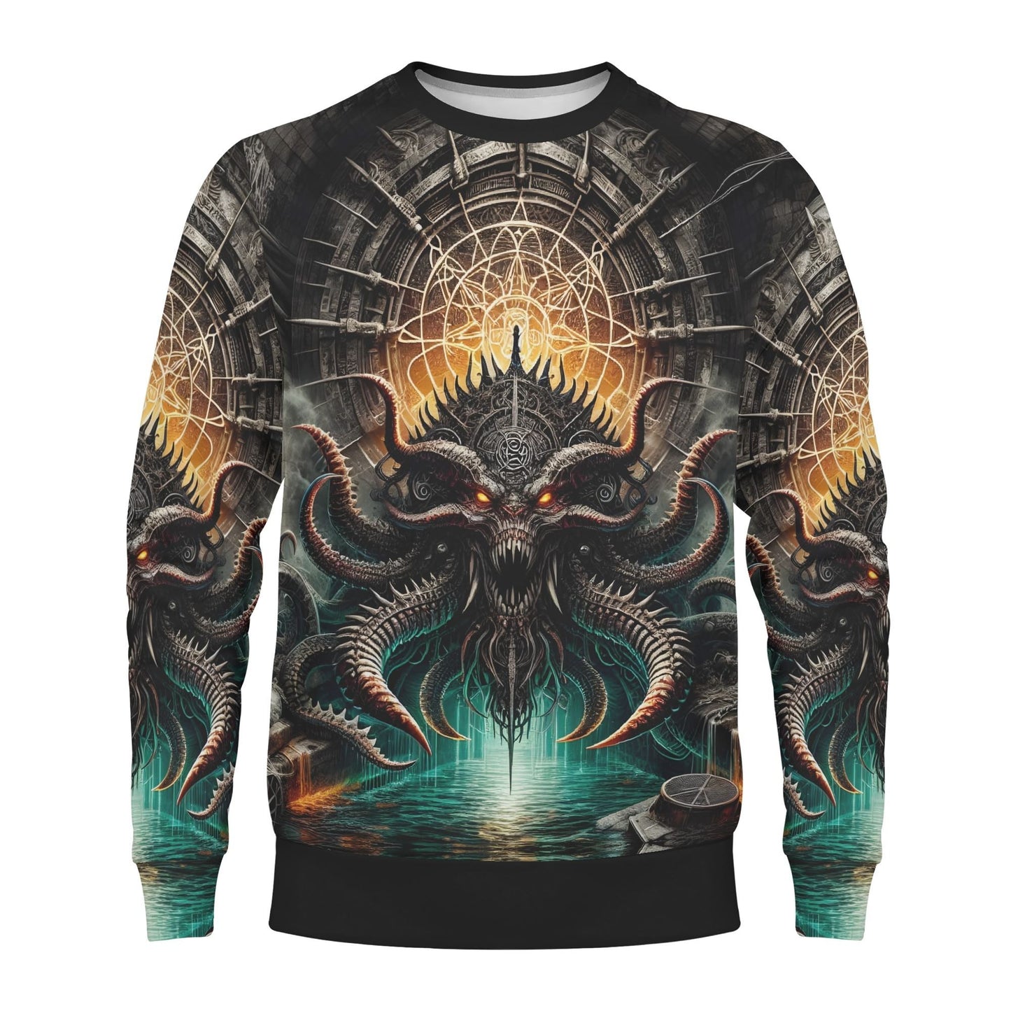 Mythical Monsters Kraken Poly French Terry Sweatshirt unisex sweater with demonic kraken graphic glowing eyes ocean tunnel