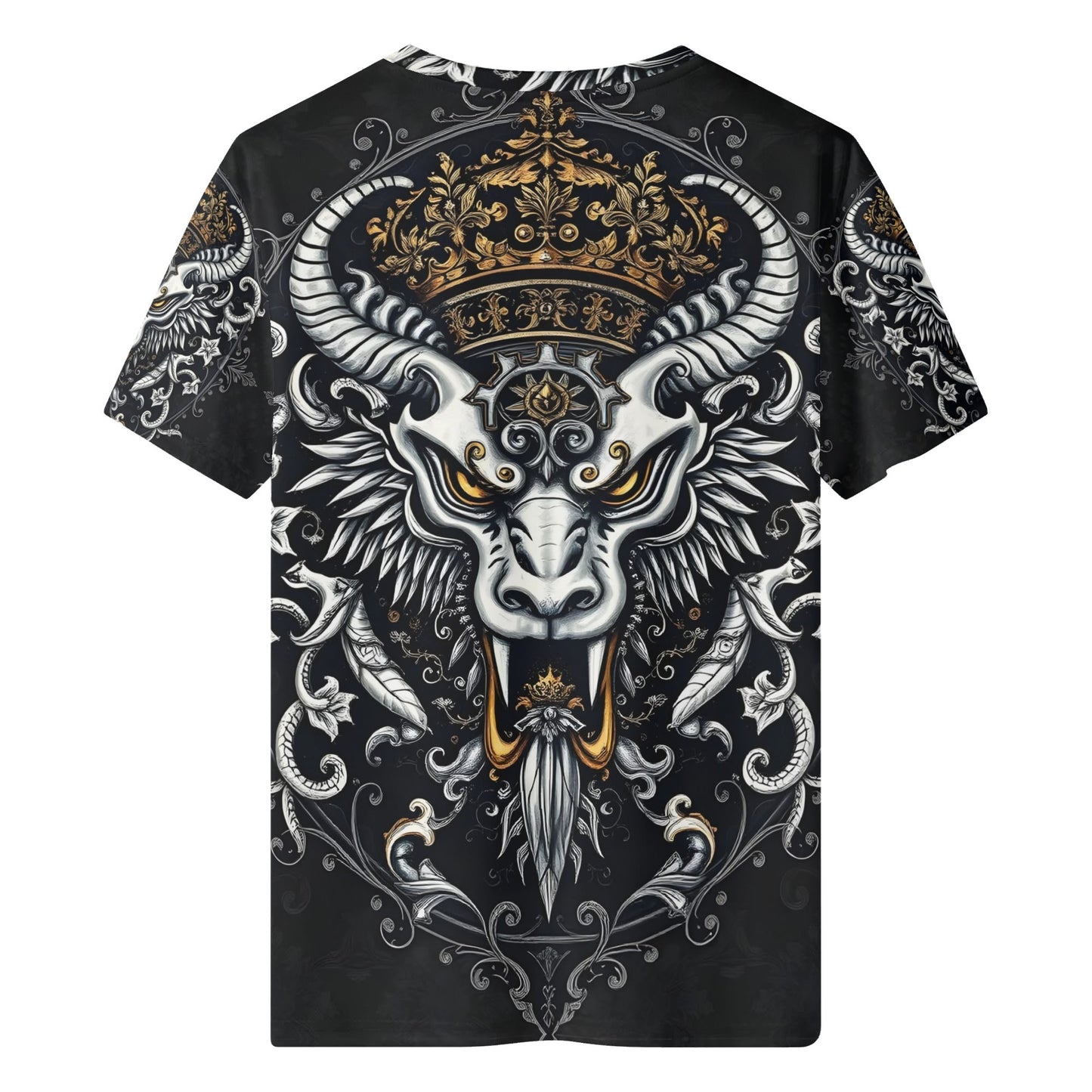 Loud and Lethal Shadowed Splendor Lycra T-Shirt Mythic Power Unleashed unisex black tee with gold crowned horned beast design