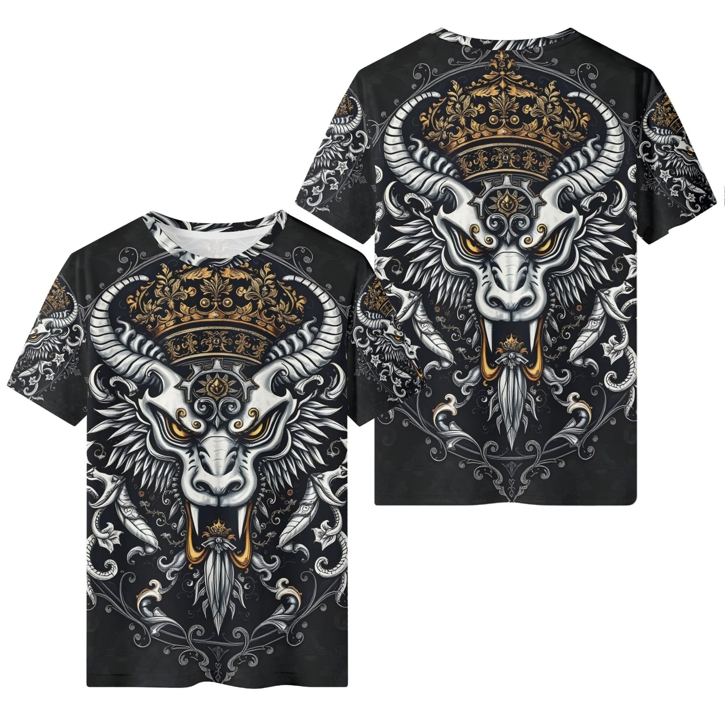 Shadowed Splendor Lycra T-Shirt Mythic Power Unleashed Loud and Lethal unisex black tee crowned horned beast gold white design