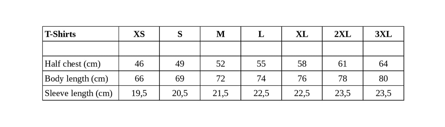 Shadowed Splendor Lycra T-Shirt Mythic Power Unleashed unisex t shirt size chart XS to 3XL half chest body sleeve cm