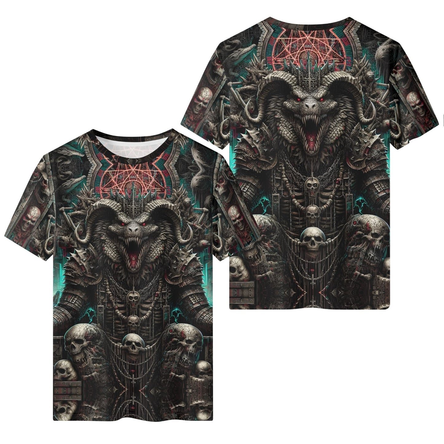 Mythical Monsters Ammit Organic Cotton T-Shirt featuring a dark, detailed monstrous figure with skulls and intricate designs