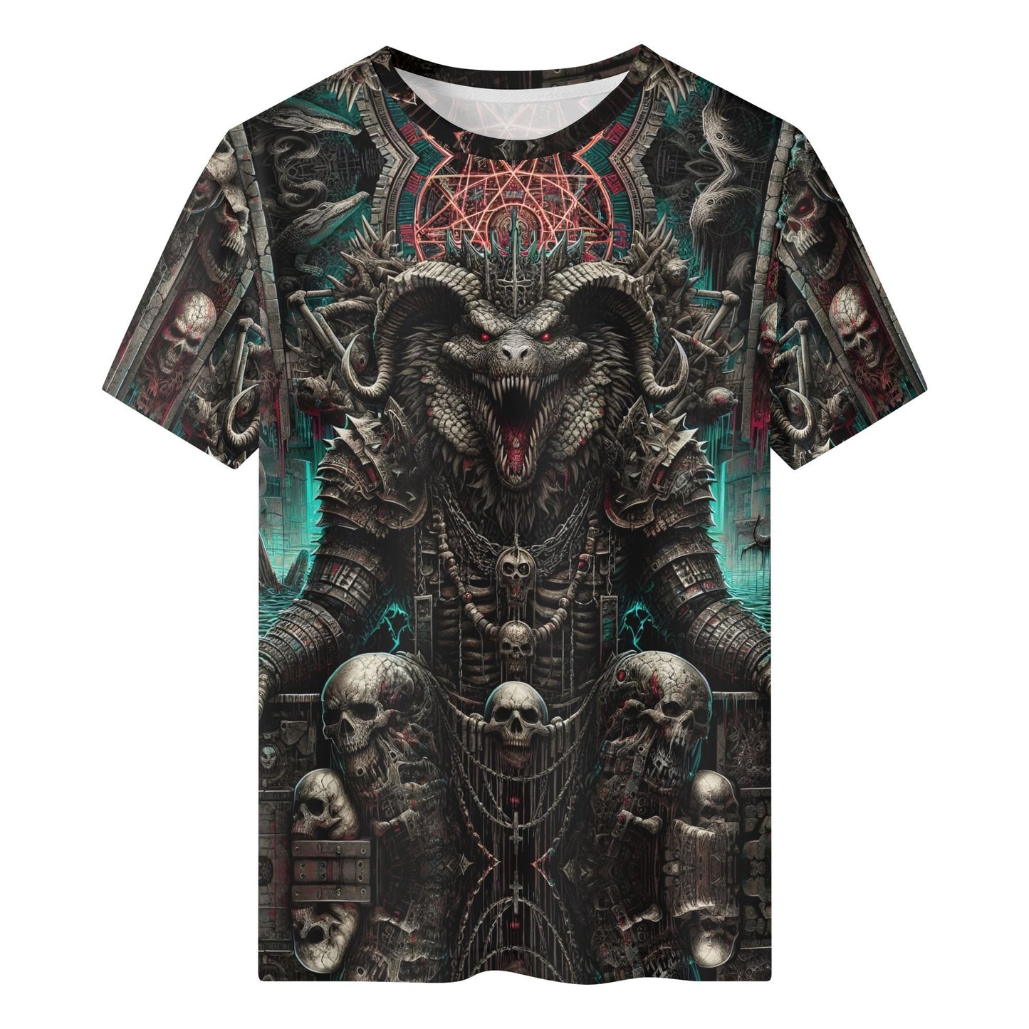 Mythical Monsters Ammit Organic Cotton T-Shirt featuring fierce dark fantasy monster with skulls and intricate armor design